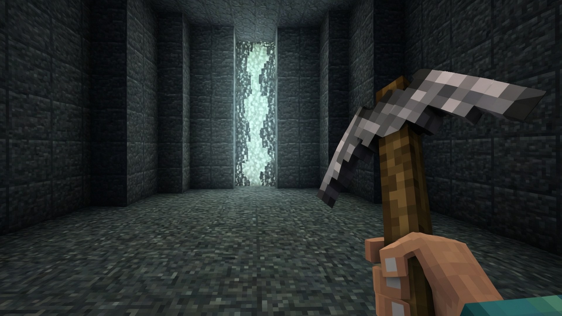 玩家在Minecraft地牢中手持鎬，面對發光的鑽石礦脈。