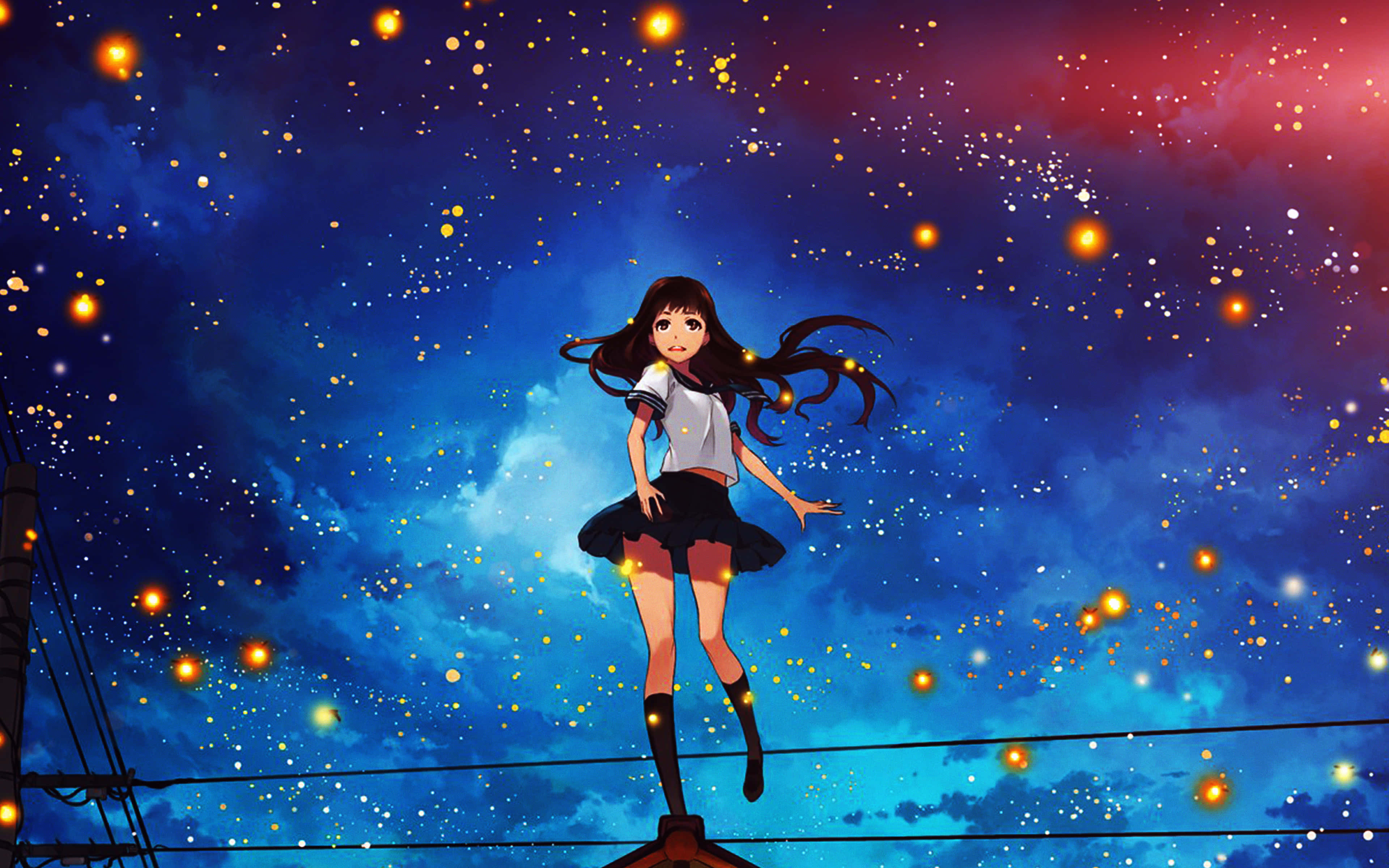 探索 4K 動畫宇宙的奇觀 壁紙 — 一個穿著校服的女孩在充滿活力的暮色天空中漂浮在閃爍的星星之間。