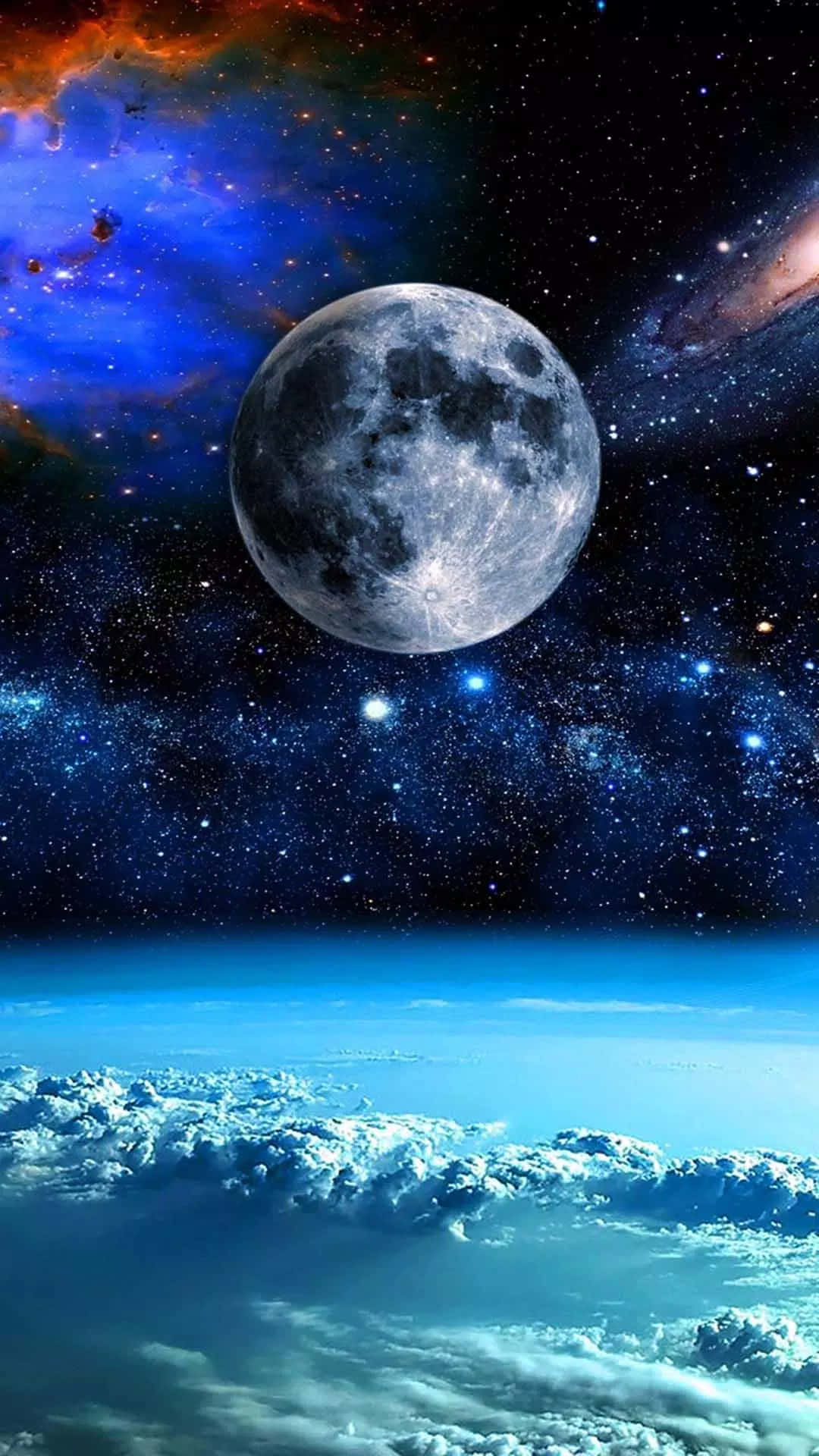 月亮在雲層之上，太空中有星空的星雲