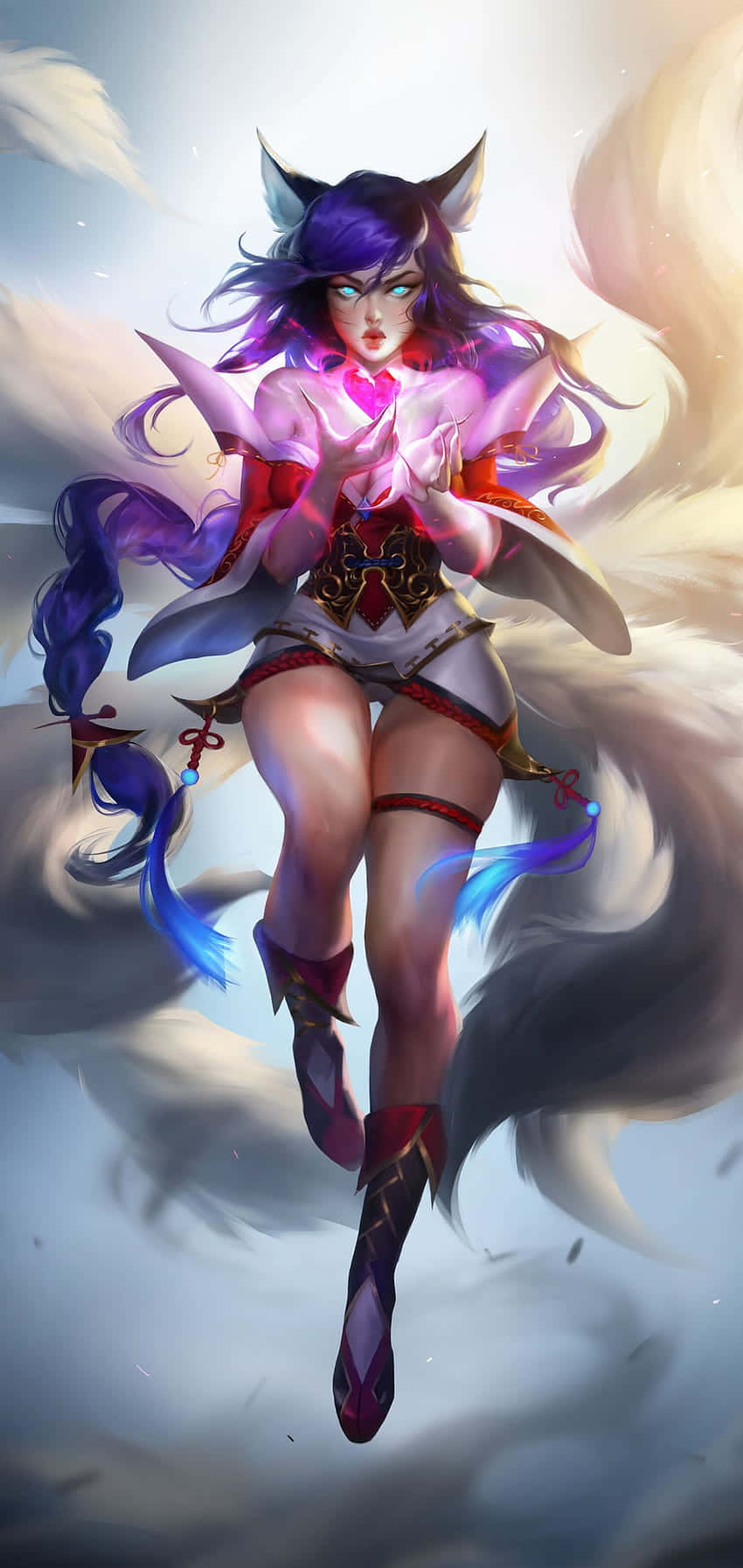 探索 Android《英雄聯盟》的壯闊世界 壁紙 — 一個像狐狸的動漫女孩，紫色頭髮和發光的眼睛，在旋轉的雲層中以動態姿勢漂浮。