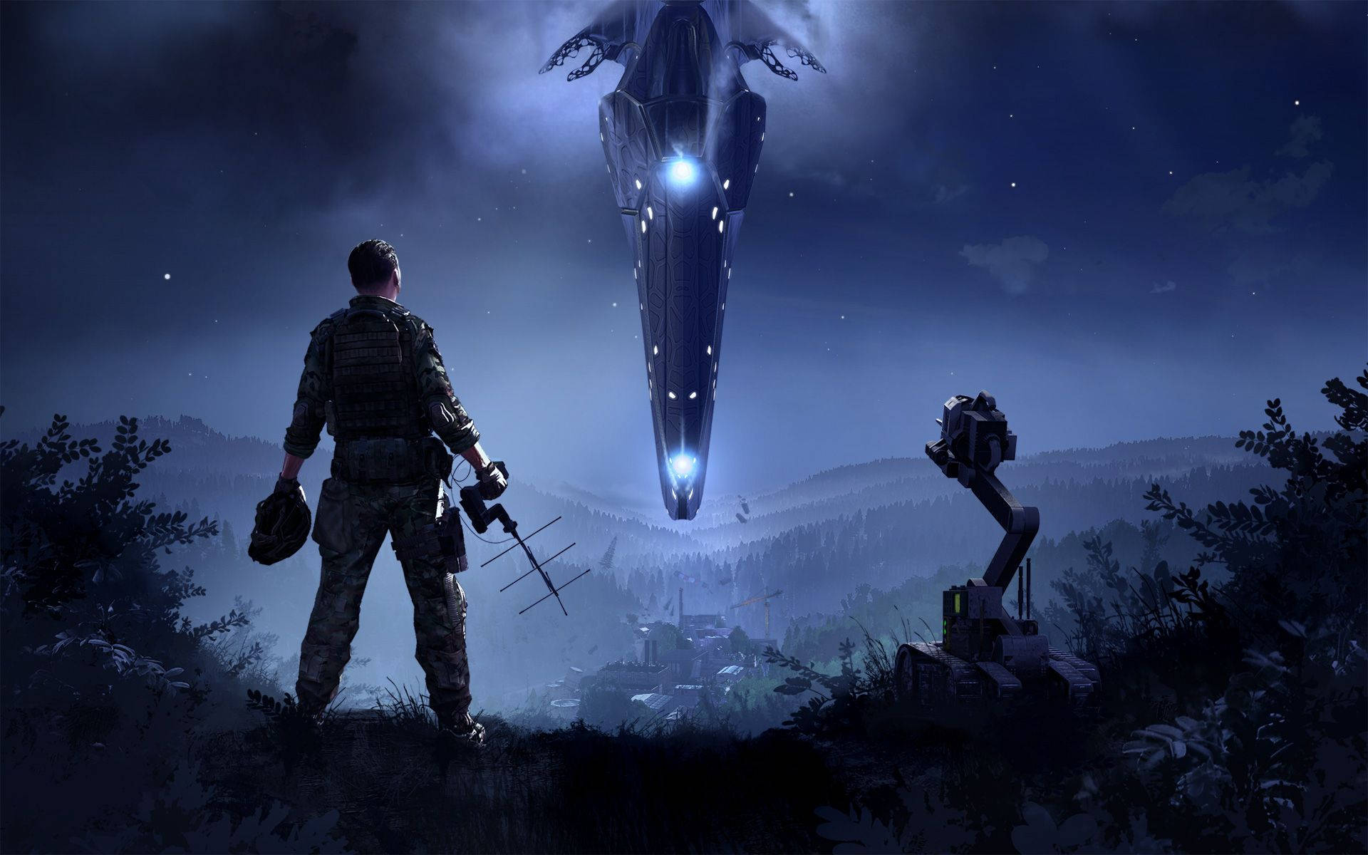 士兵和機械人在夜晚觀看小鎮上空的外星飛船