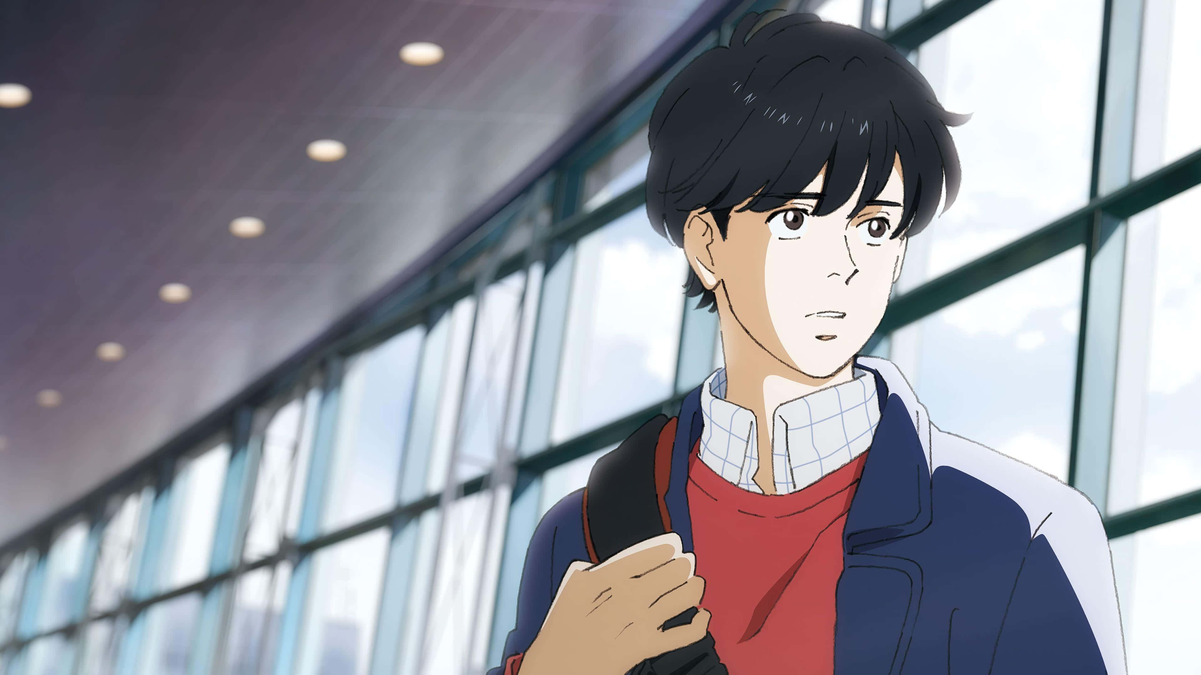探索《Banana Fish》的迷人與刺激世界！ 壁紙 — 一個年輕的動漫男孩，深色頭髮，穿著紅色襯衫，站在現代玻璃走廊裡，背著背包。