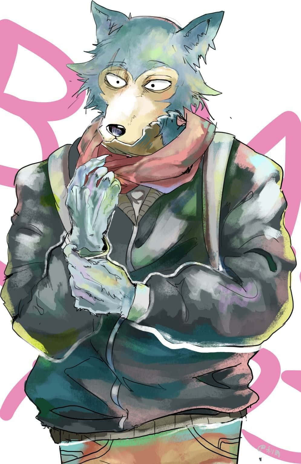 探索《BEASTARS》中的動物社會 壁紙 — 一個像狼的動漫角色，有大眼睛和圍巾，站在色彩繽紛、風格化的插圖中。