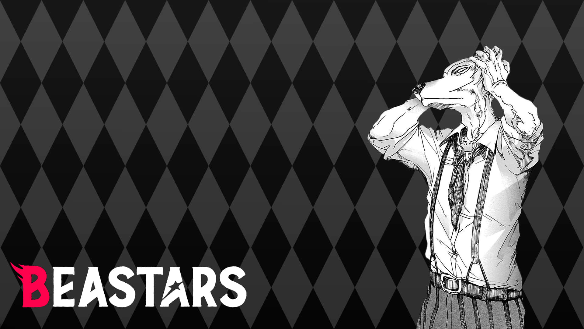 探索《Beastars》迷人世界 壁紙 — 一個穿著西裝的風格化擬人化動物角色，在黑色和灰色菱形圖案背景前用手遮住臉。