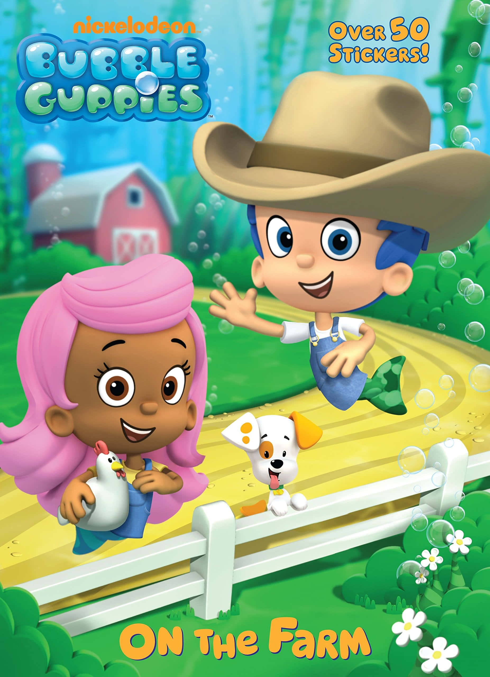 探索《Bubble Guppies》的魔法海底世界！ 壁紙 — 兩個開心的卡通小孩和一隻小狗在陽光明媚的農場上，有紅色穀倉和漂浮的泡泡。