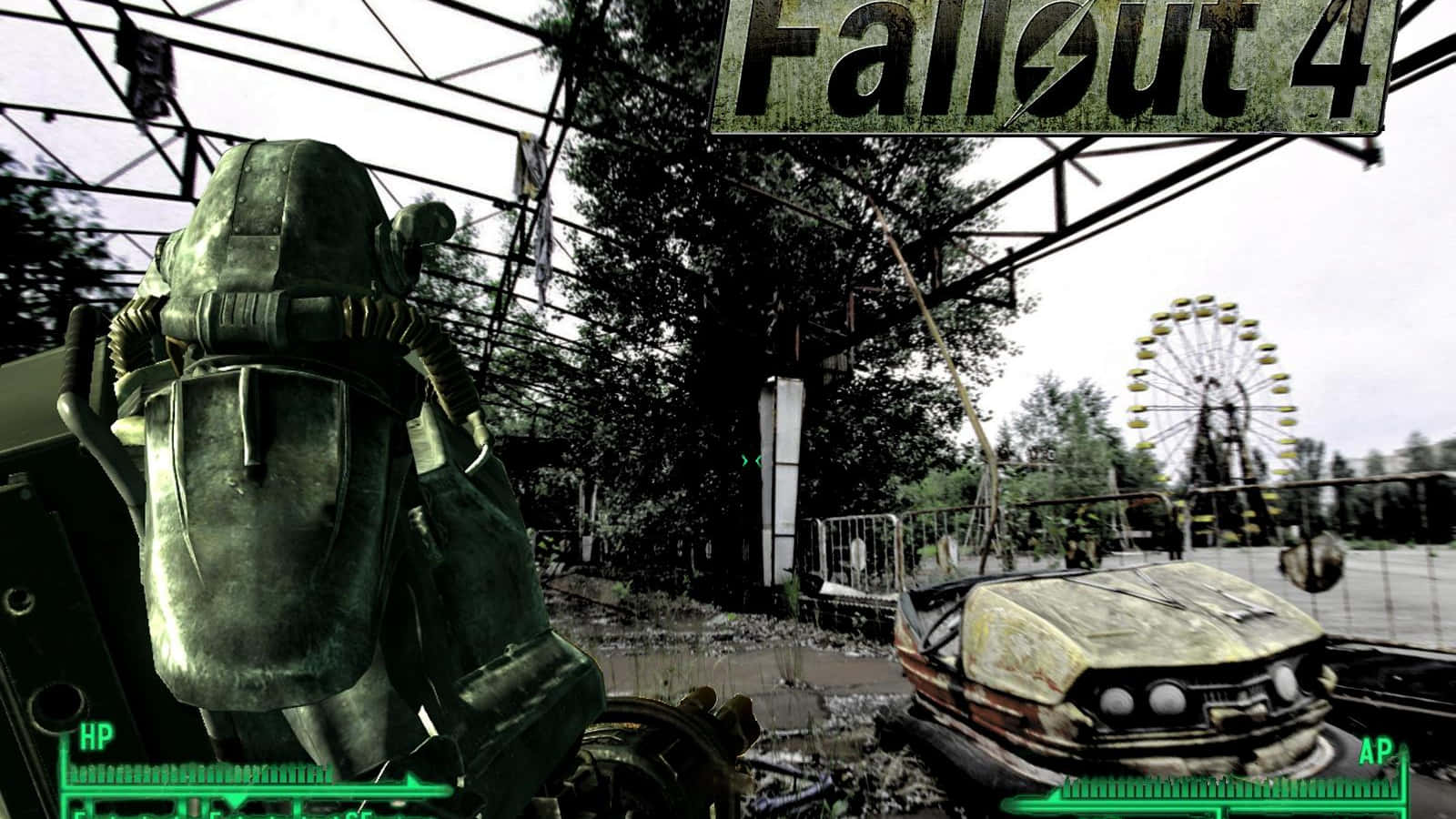 探索《Cool Fallout》的後末日世界 壁紙 — 一名穿著動力裝甲套裝的玩家站在一個廢棄的遊樂園中，有一輛生鏽的汽車和一個破損的摩天輪，天空陰沉。