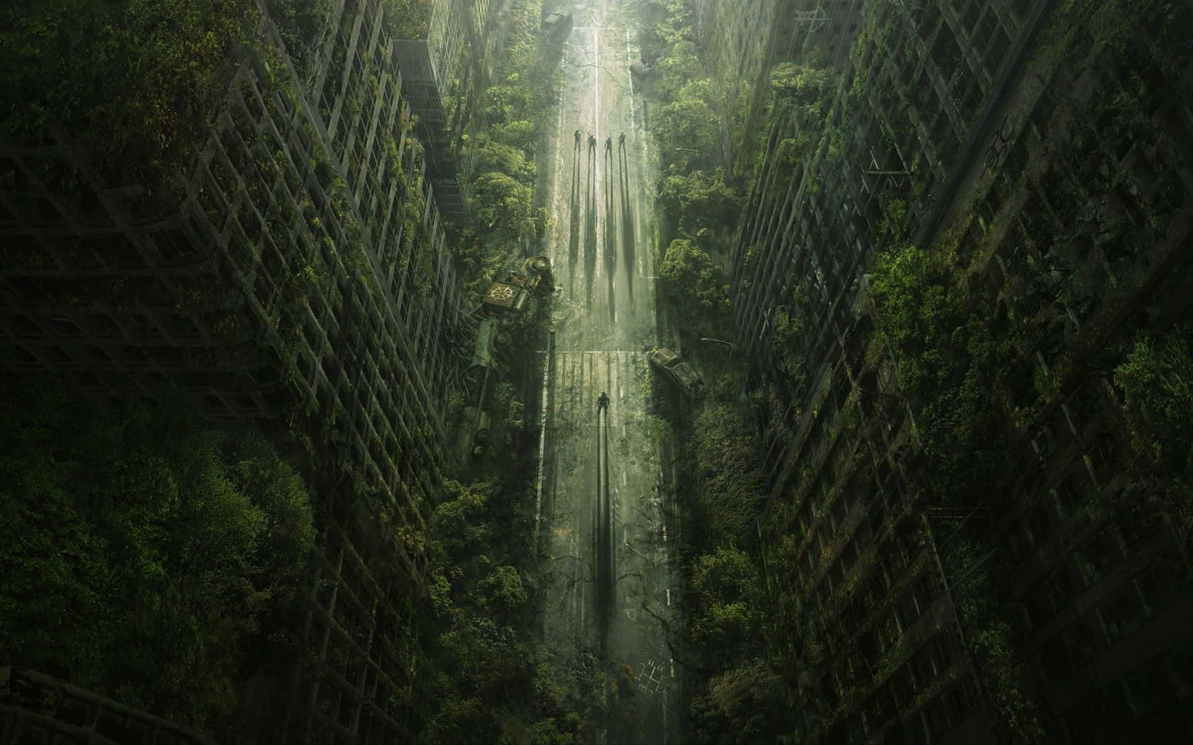 長滿植物的城市街道，高樓大廈被綠色植物覆蓋，人們向著陽光走去。