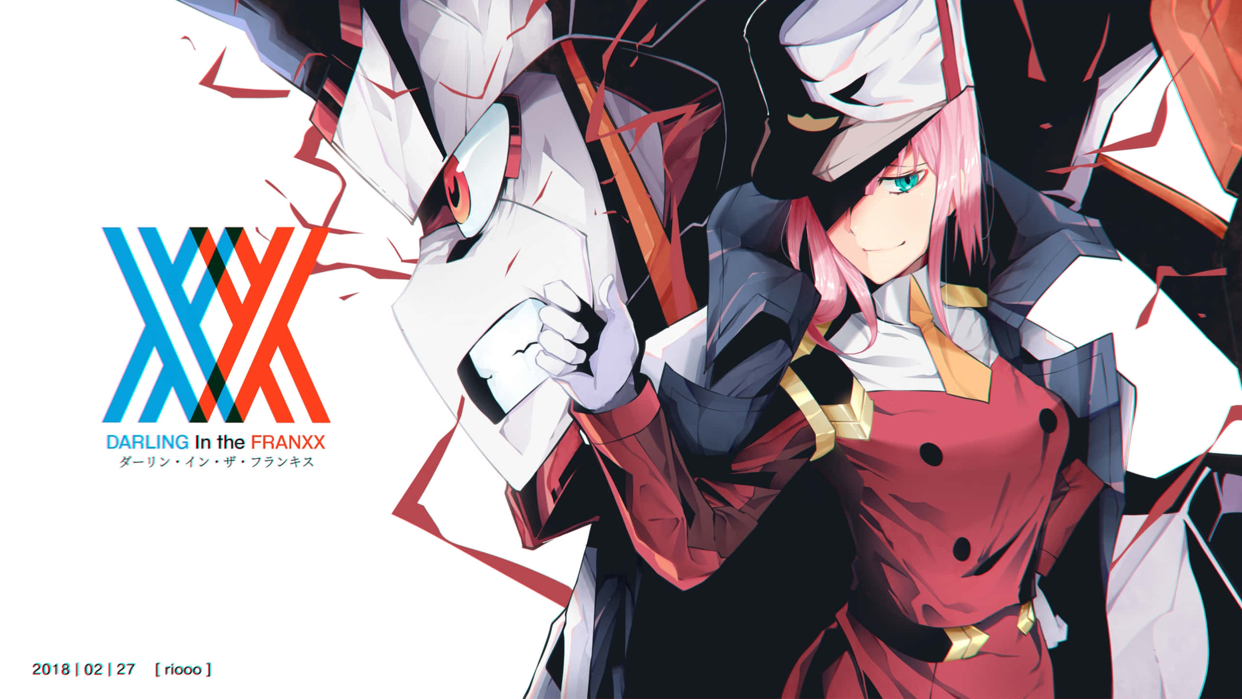 探索《Darling in the Franxx》的精彩世界 壁紙 — 一位粉紅色頭髮的動漫女孩穿著紅色外套，站在一個帶有紅色點綴的白色面具人物旁邊，背景是純白色。