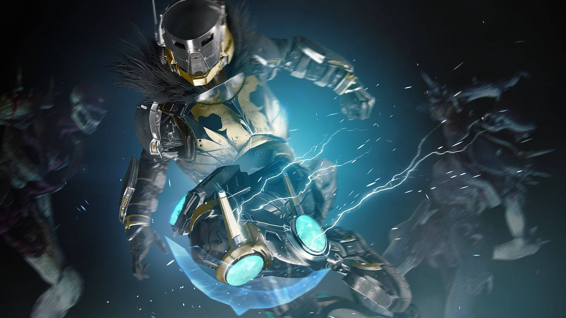 探索《Destiny 2：Shadowkeep》的奧秘與獎勵！ 壁紙 — 一個未來風格的裝甲戰士在黑暗的電影式戰鬥場景中釋放電能。