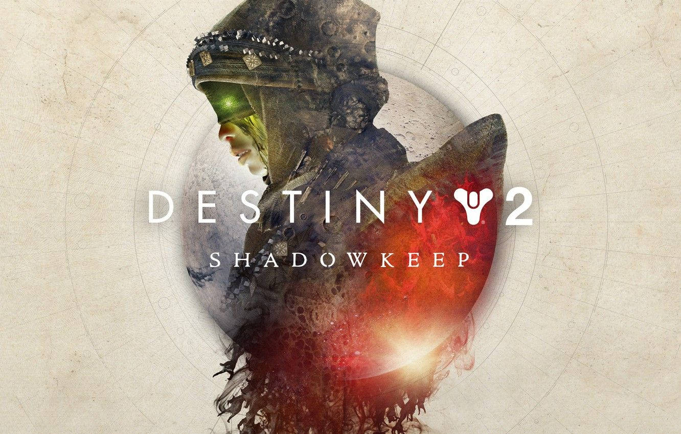 探索《Destiny 2: Shadowkeep》月球新世界 壁紙 — 一個戴頭盔的風格化戰士，擁有發光的綠色眼睛和紅色能量光環，背景為圓形，帶有遊戲標題文字。