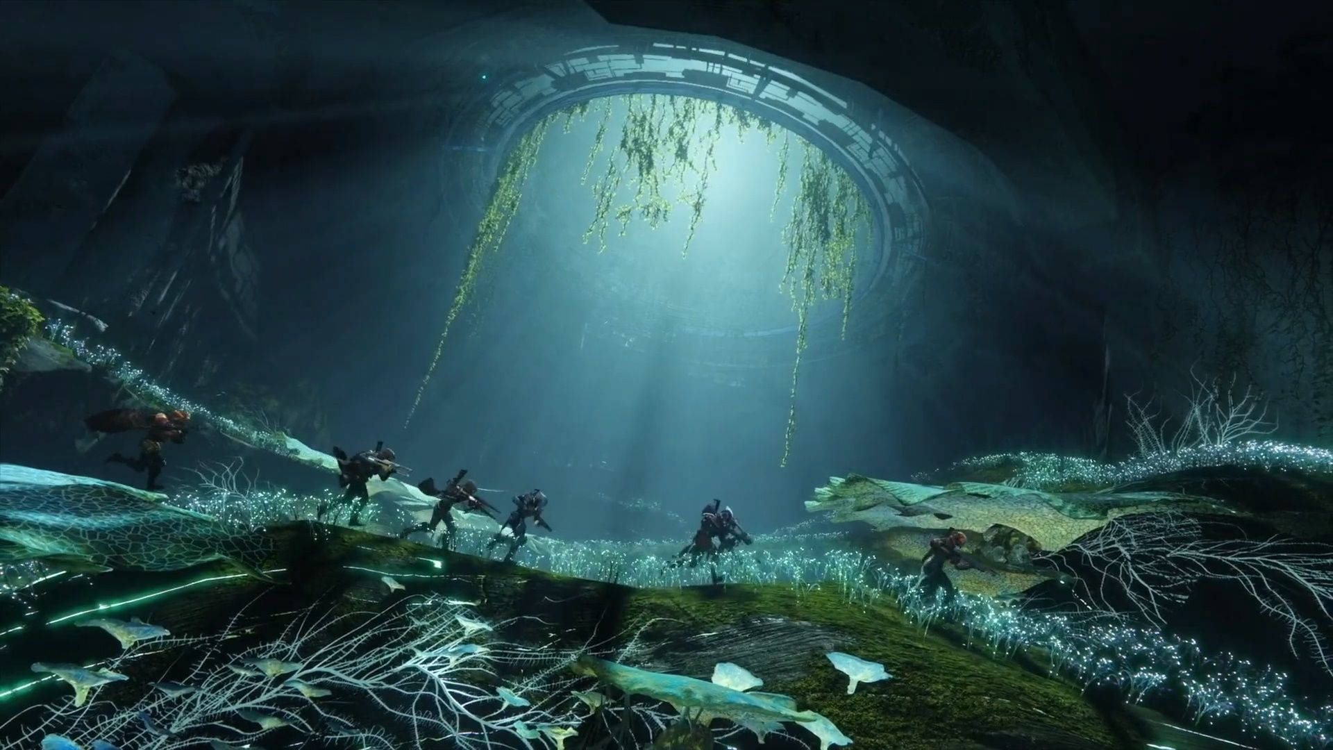 探索 Destiny 2: Shadowkeep 中的「黑園」 壁紙 — 一群戰士在巨大的拱形開口下，穿過一個充滿發光藤蔓和生物發光植物的外星洞穴。