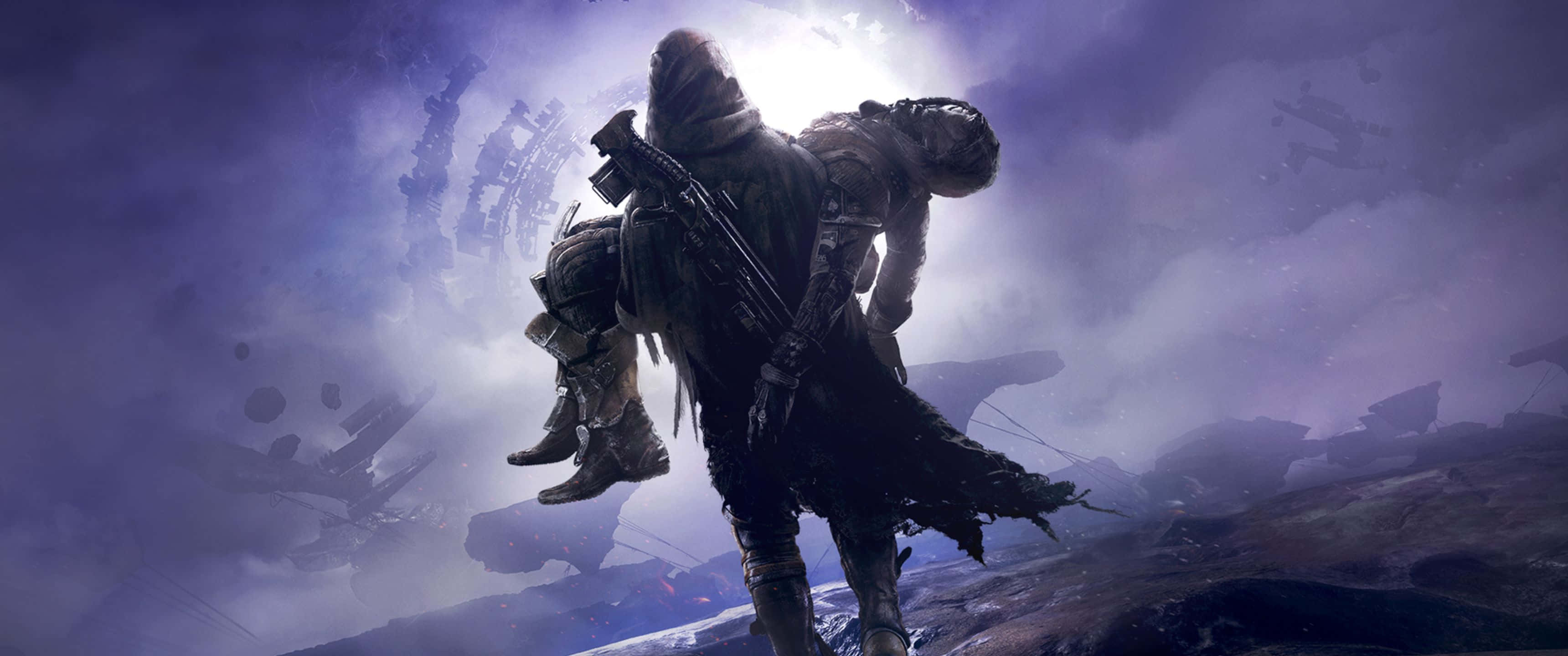 探索《Destiny 2》宇宙的深處 壁紙 — 一個孤獨的裝甲戰士在發光的紫色天空背景下，在漂浮的碎片和遠處的廢墟中呈現剪影。