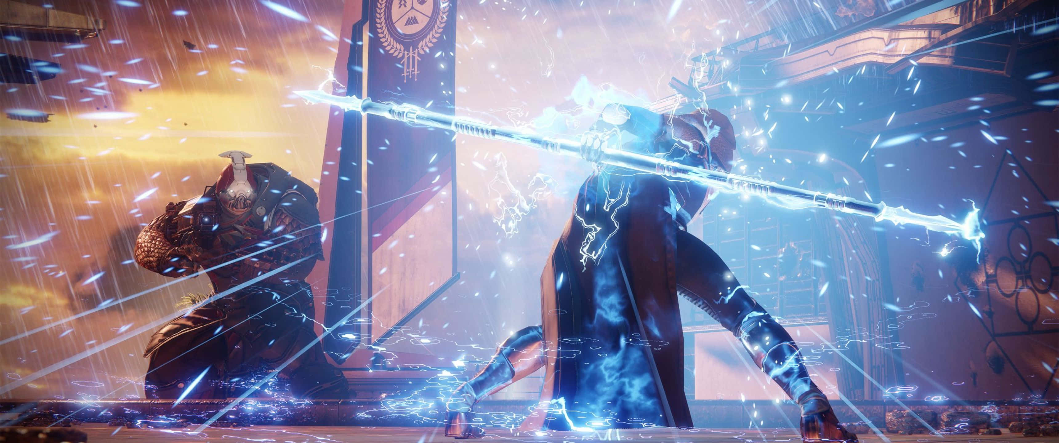 探索《Destiny 2》的壯麗世界 壁紙 — 兩名裝甲戰士在濕透的都市競技場中交鋒，藍色能量從他們的武器中劈啪作響。