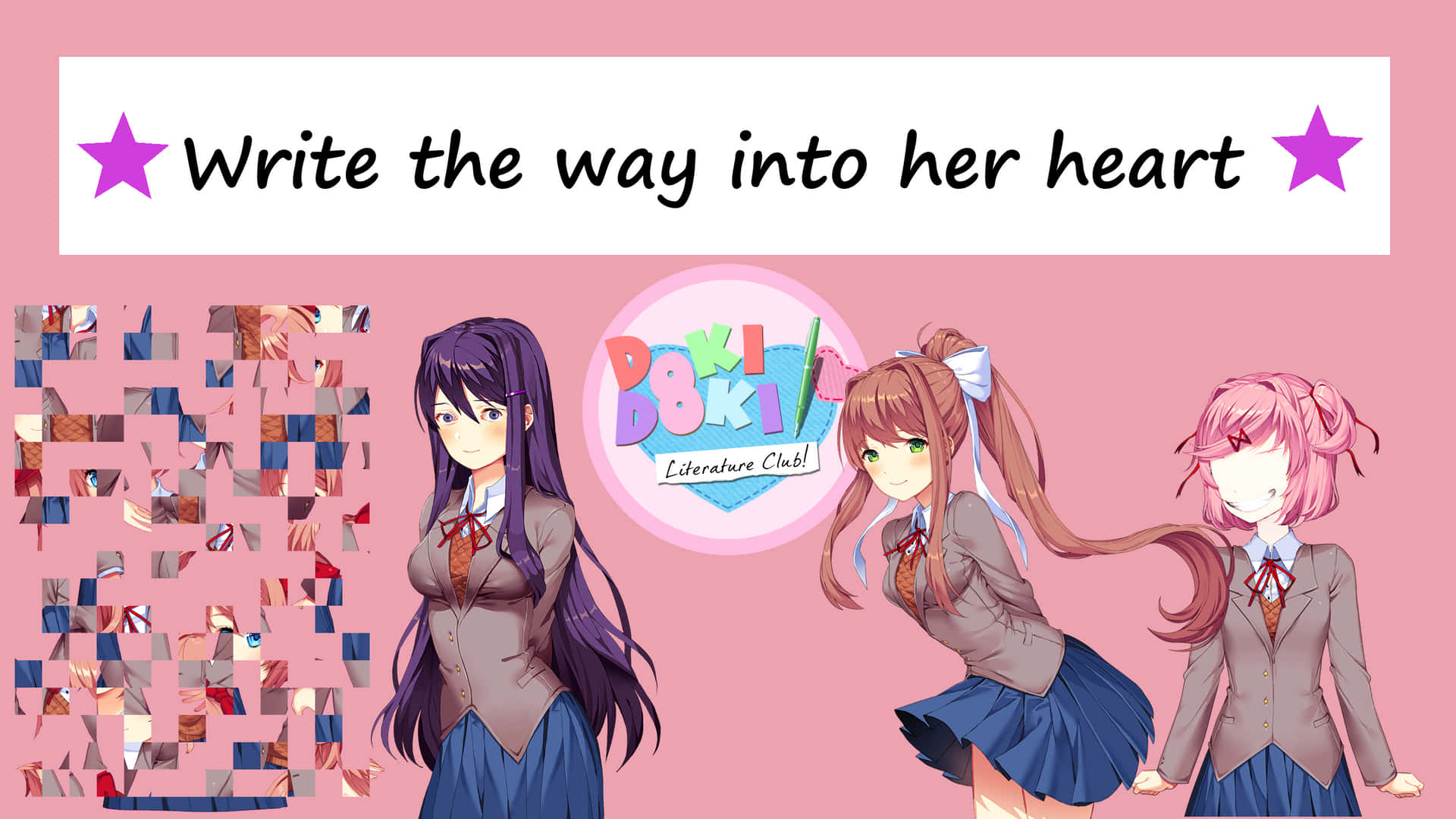 三個穿著校服的動漫女孩，帶有「Doki Doki Literature Club!」標誌和QR碼。
