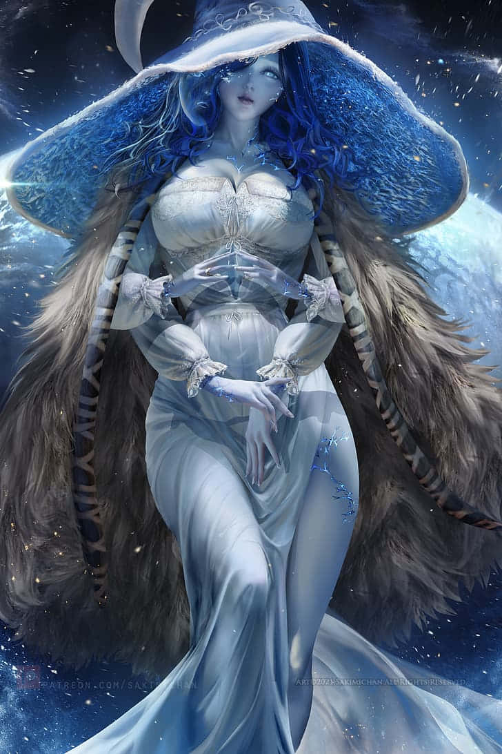 一位藍髮神秘女子，身穿飄逸長袍和寬邊帽，以星光璀璨的宇宙為背景。 — 艾爾登法環 壁紙