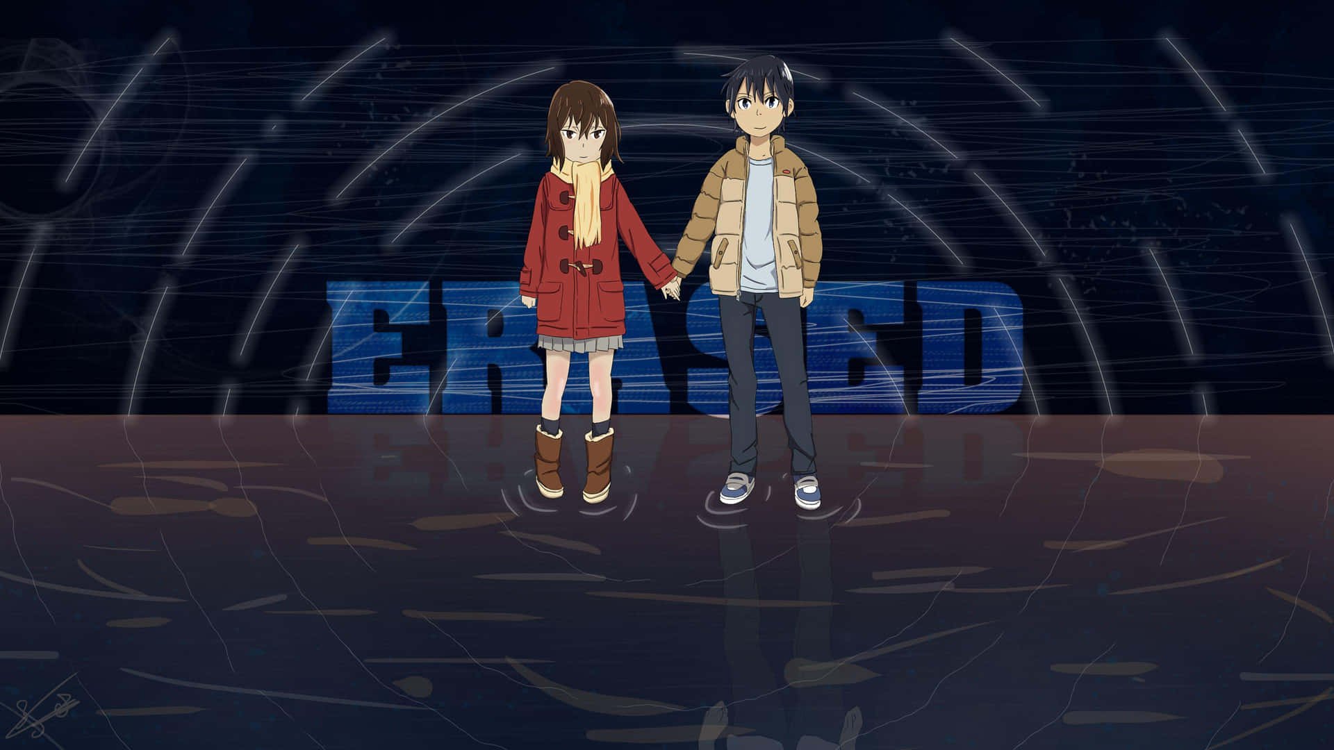 兩個動漫角色在雨中牽手，背後有「ERASED」標題。