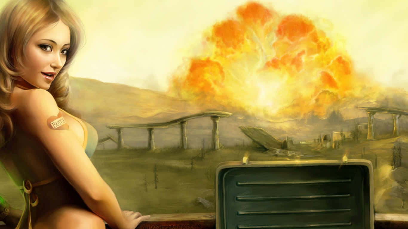 探索《Fallout》宇宙的廣闊後末日世界 壁紙 — 一位帶有心形紋身的女士靠在一部復古電視機旁，身後一片廢墟景觀中爆發出一場熾熱的爆炸。