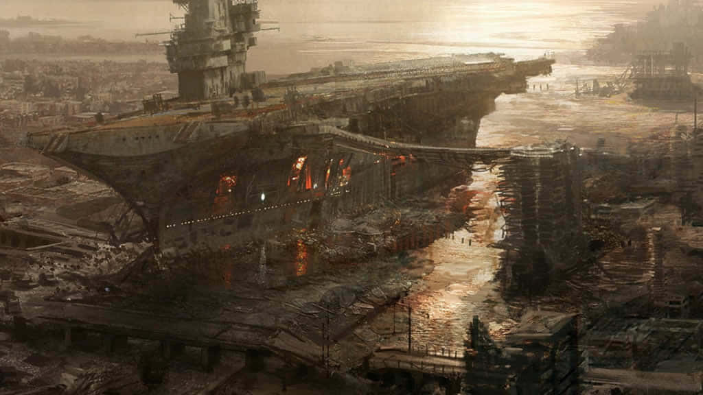 探索《Fallout》的後末日世界 壁紙 — 一艘巨大的廢棄航空母艦在日落時分停泊在破敗的港口，將火紅的倒影投射在油膩的水面上。