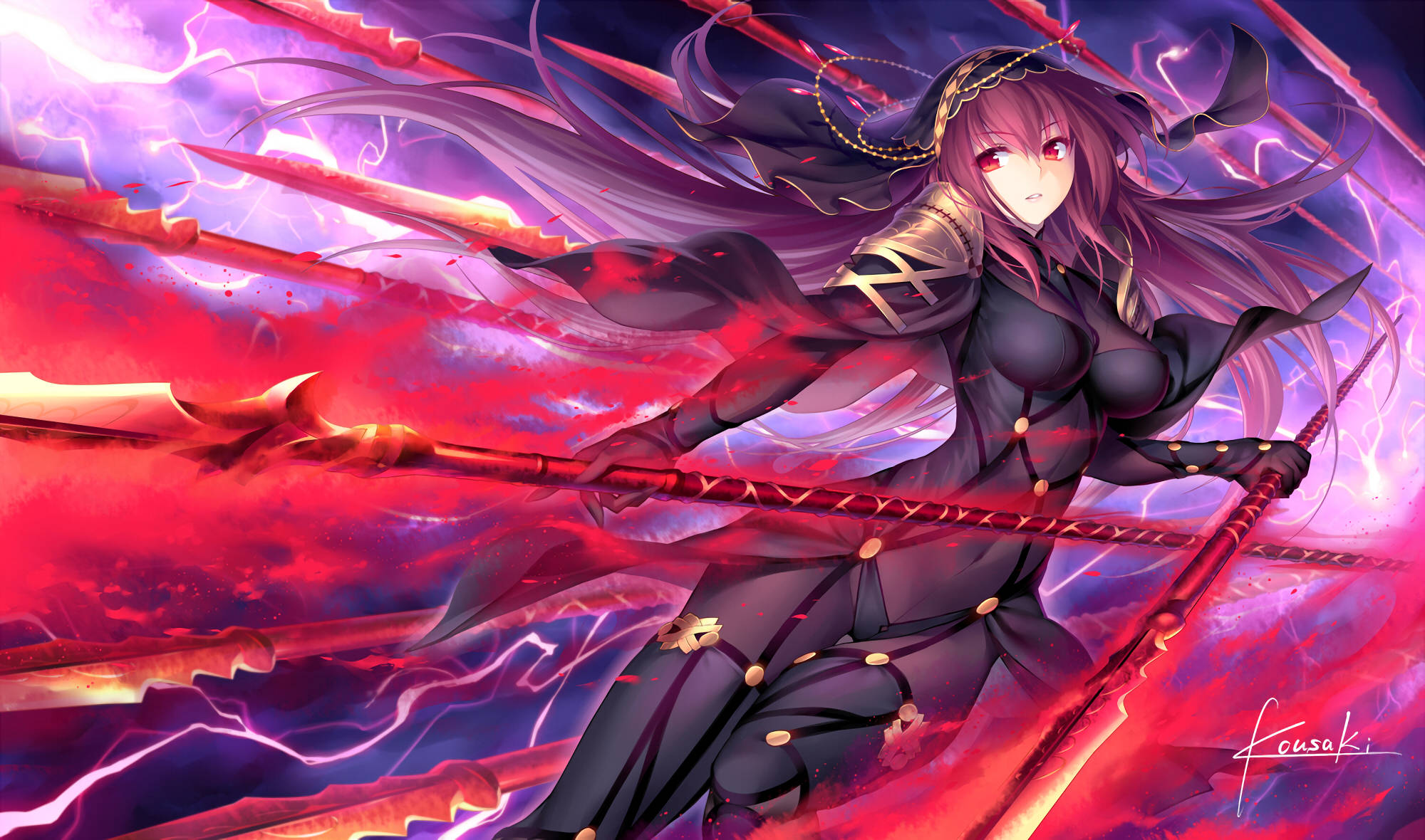 探索 Fate Grand Order 無限可能！ 壁紙 — 一位兇猛的動漫戰士，長長紫色頭髮，揮舞著發光的紅色劍，背景是暴風雨般的紫色和紅色天空。