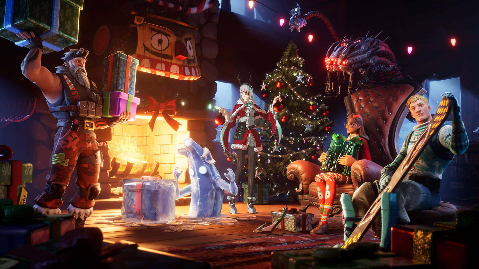 探索《Fortnite 章節3 季節1》廣闊的海洋疆域 壁紙 — 奇幻角色圍繞著熊熊燃燒的壁爐，與巨龍和發光的裝飾品一起慶祝聖誕節。