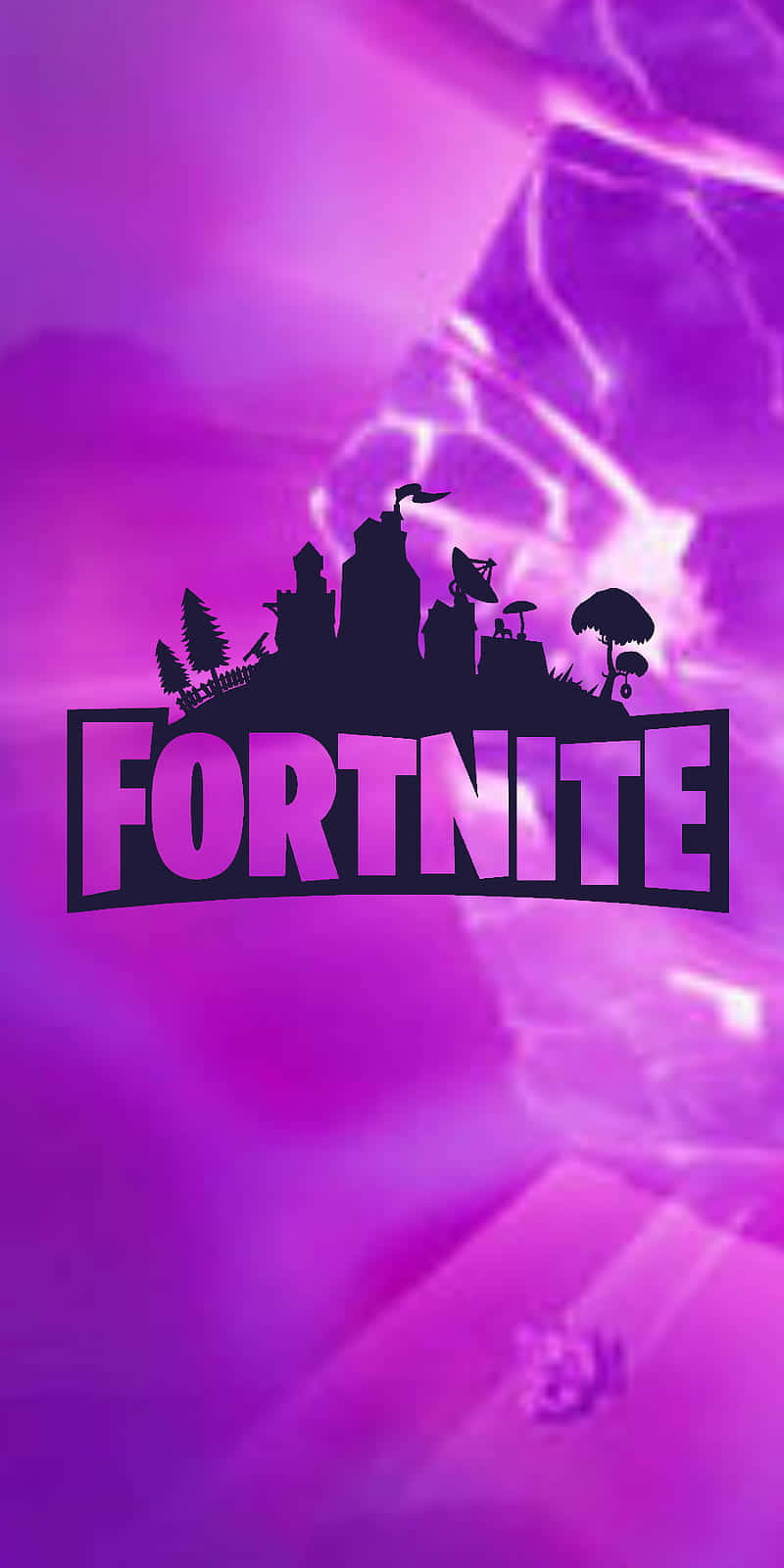 Fortnite 遊戲標誌，紫色閃電背景上有城市天際線剪影。