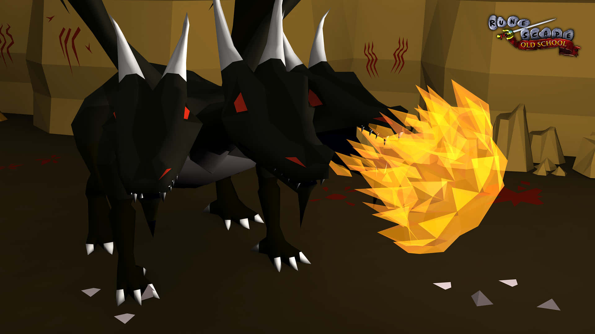 探索 Gielinor 幻想世界 壁紙 — 一隻低多邊形黑色龍，紅眼睛，在類似地牢的石室中噴出熾熱的橙色火焰。