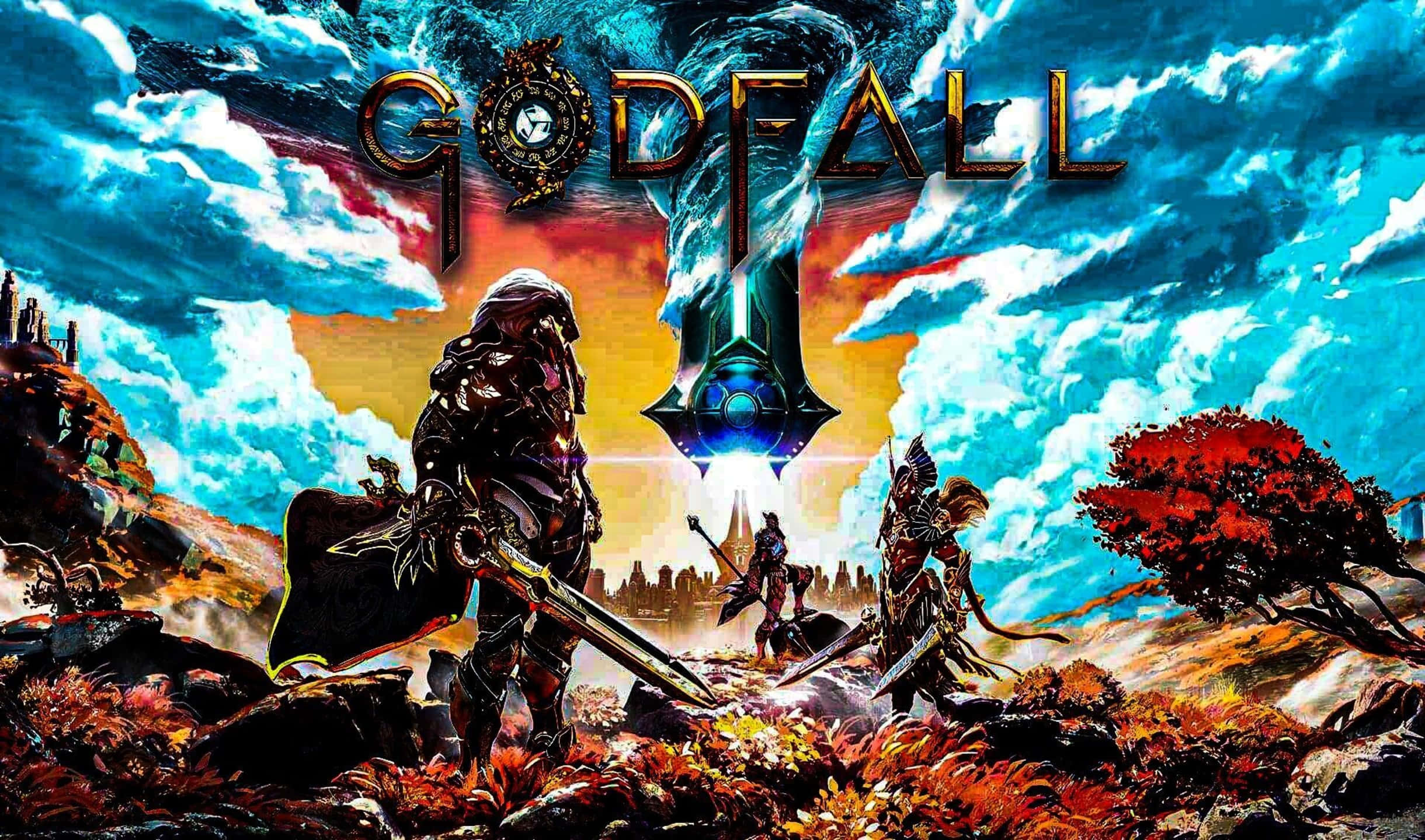 探索《Godfall》中令人屏息的絕美世界 壁紙 — 三名身穿盔甲的戰士站在一把發光的劍前，背景是火熱的天空，上方有Godfall的標題。