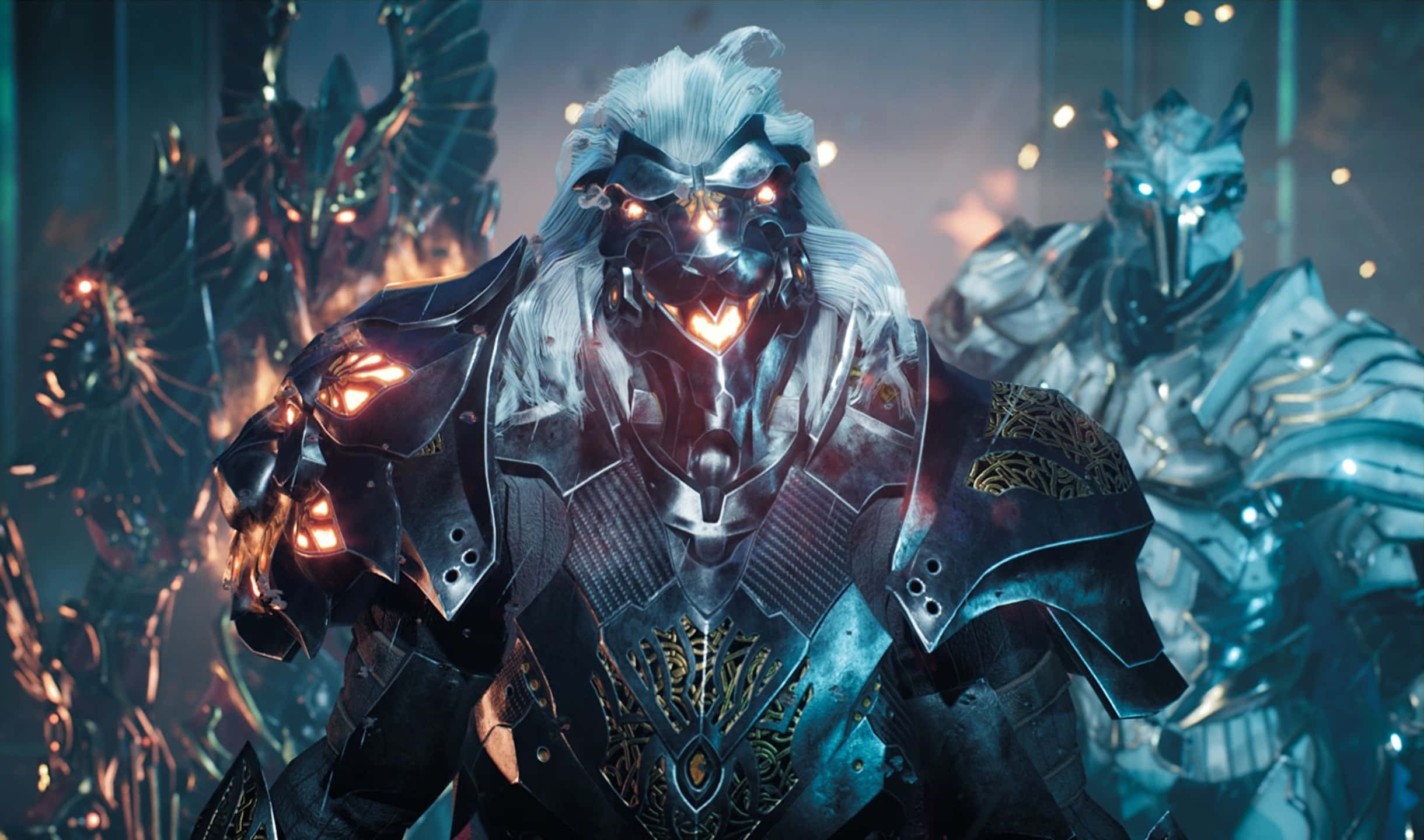 探索《Godfall》新世界 壁紙 — 一個帶有發光眼睛和白髮的威脅性裝甲戰士，站在一個帶有火焰背景元素的黑暗未來場景中。