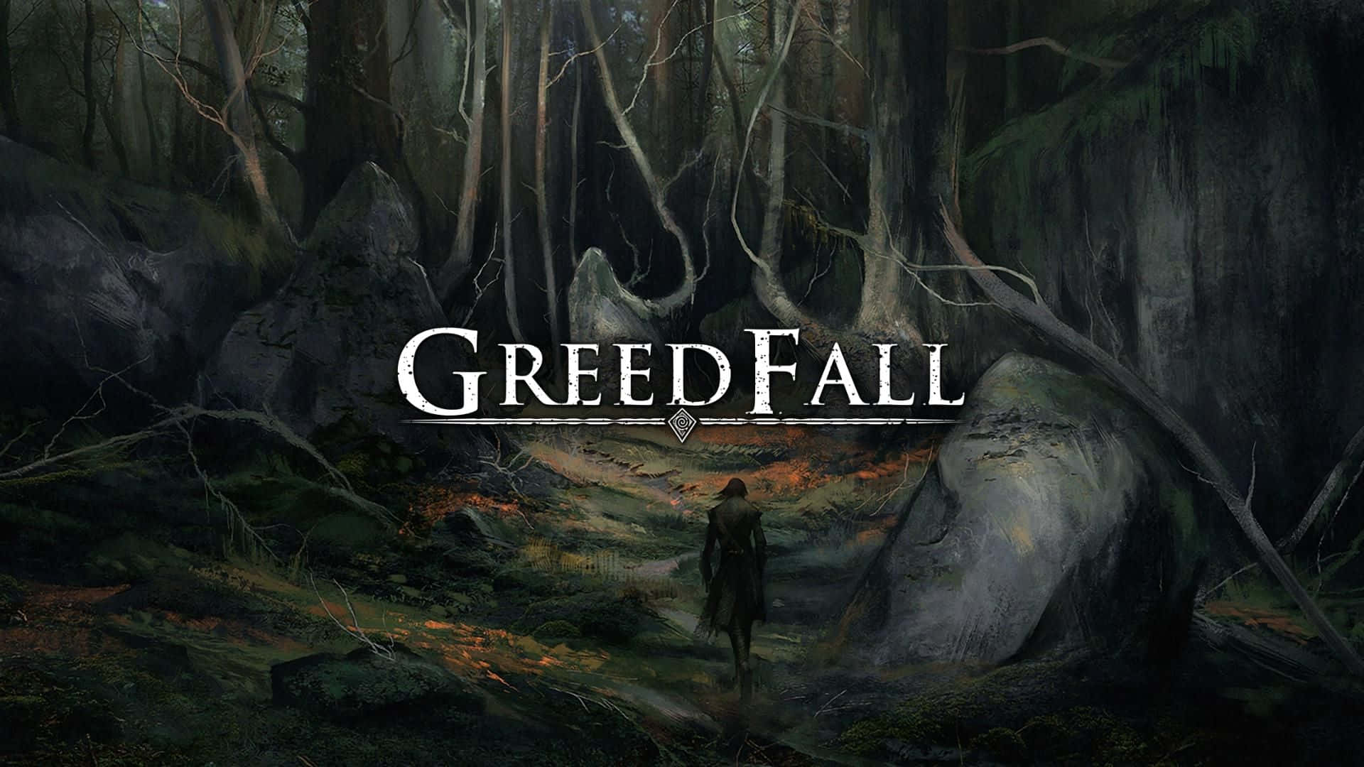探索《Greedfall》中的神祕土地提爾弗代島 壁紙 — 一個孤獨的身影在陰暗的天空下，穿過黑暗迷霧的森林，樹木扭曲，地面有發光的橙色斑塊。