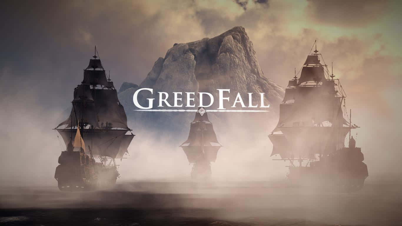 三艘船在霧中靠近山航行，帶有 GreedFall 標題。