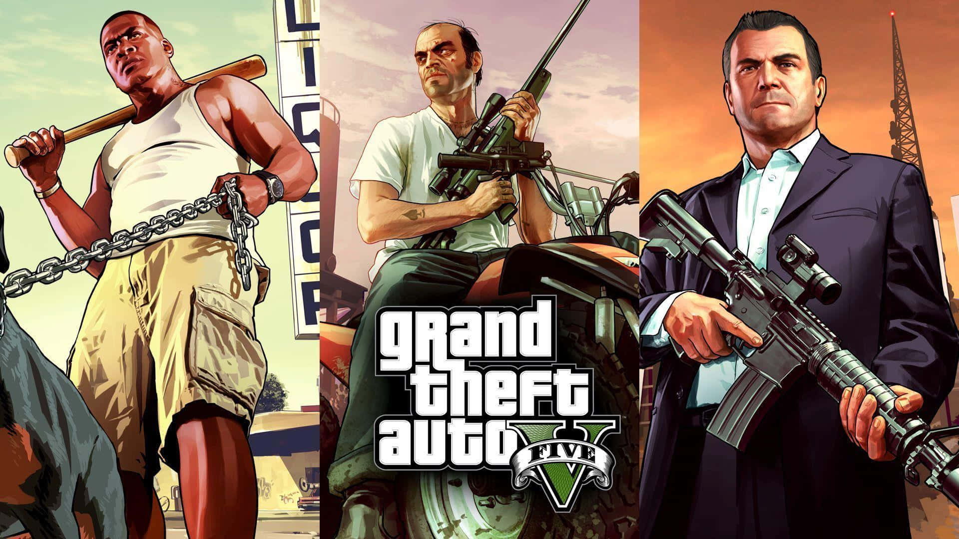 三個GTA V角色在夕陽城市場景中手持武器。