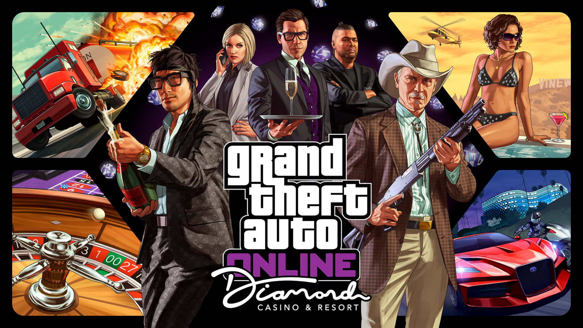 GTA Online 賭場度假場景，角色手持槍支和香檳。