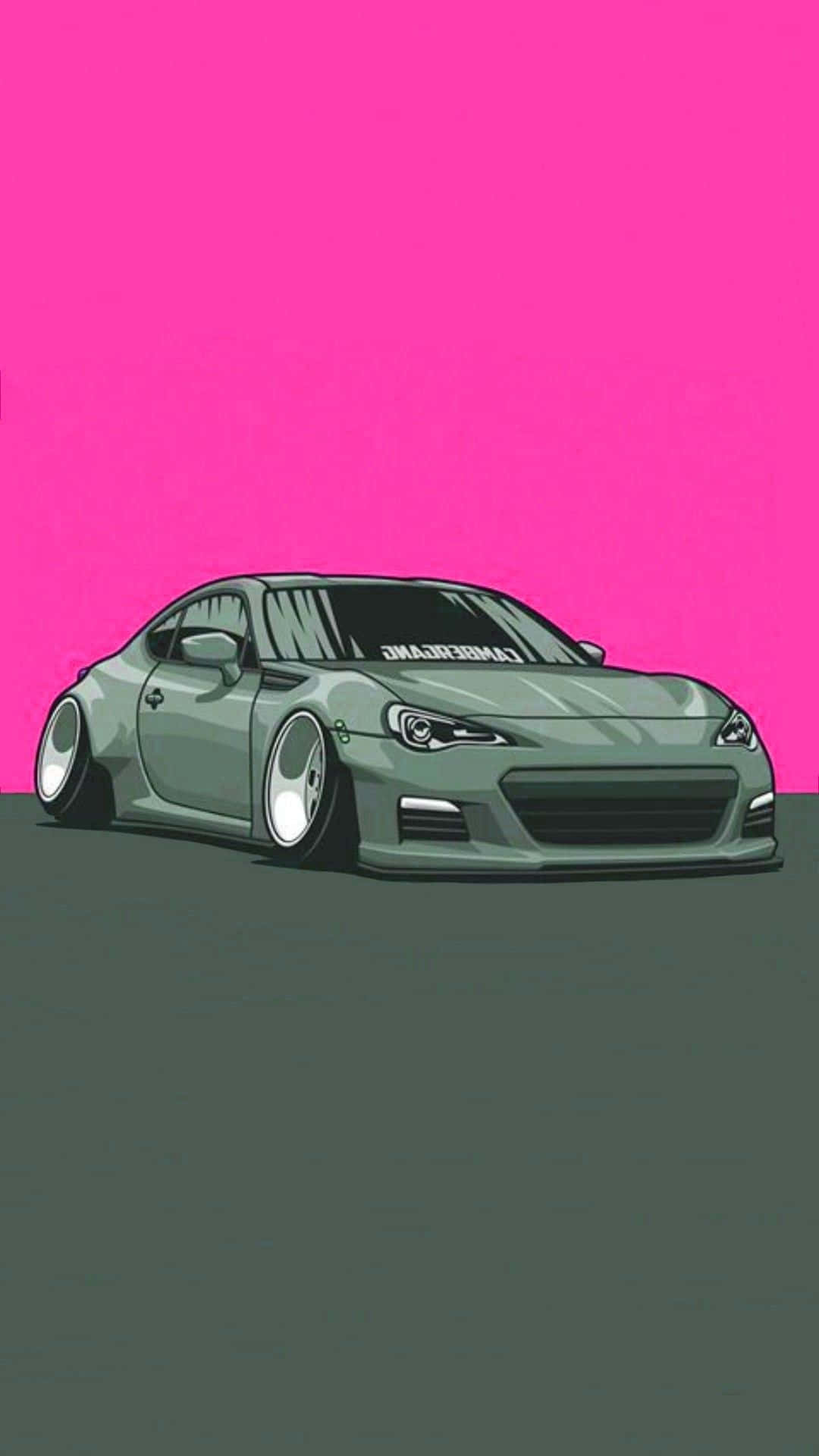探索 JDM 藝術之美 壁紙 — 一輛低矮的綠色跑車配備訂製輪圈，停在深灰色表面上，背景是鮮豔的粉紅色。