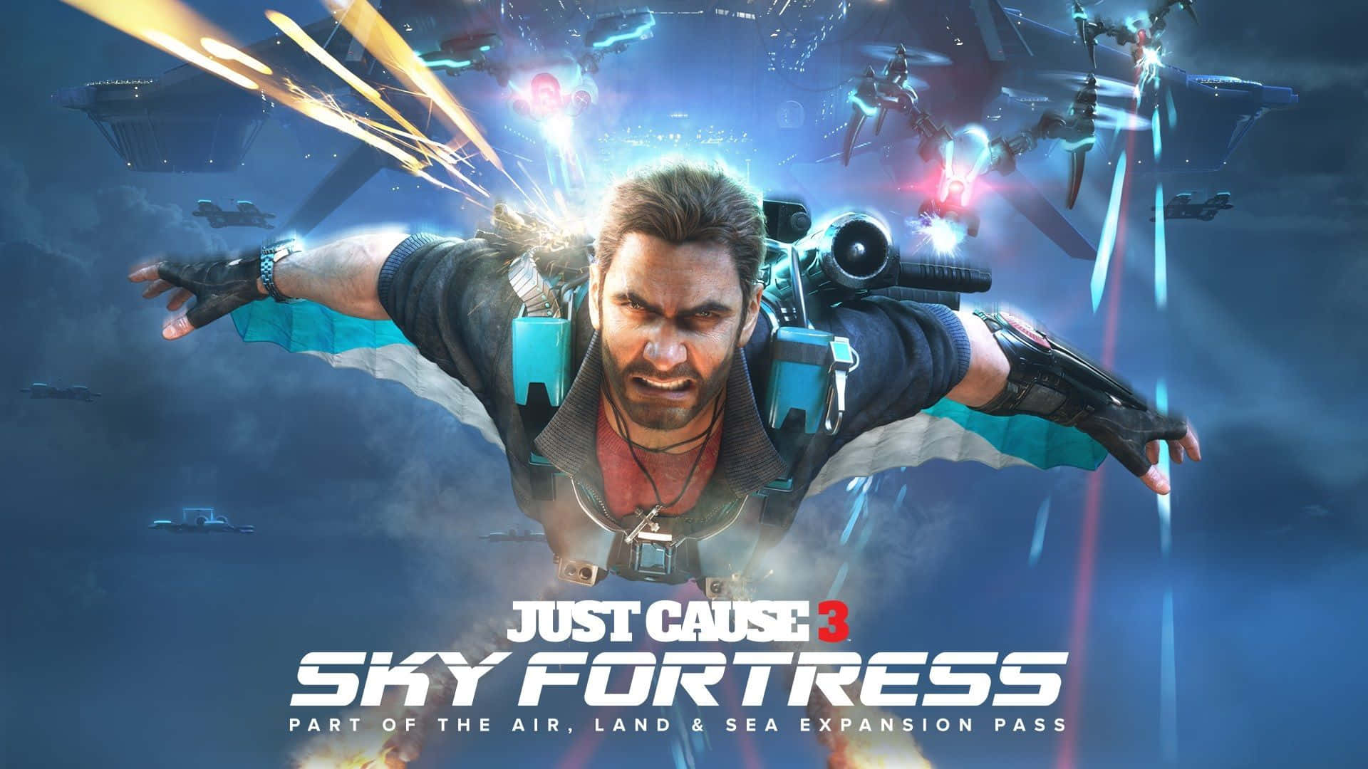 探索 Just Cause 4 的生動世界 壁紙 — 一名留鬍鬚的男子揹著噴射背包，在風暴天空下穿梭於飛行車輛和爆炸之間。