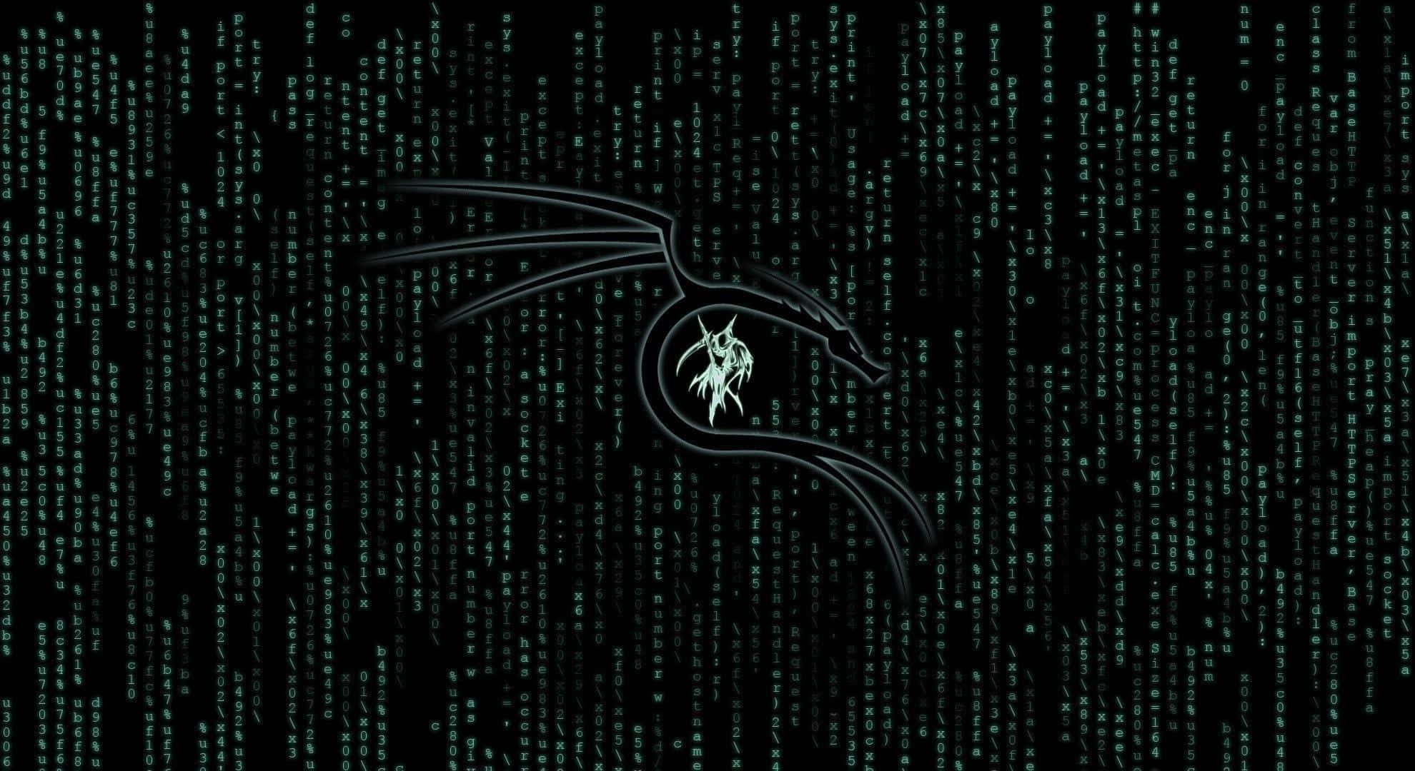 探索 Kali Linux 的強大功能 壁紙 — 一個發光的綠色龍標誌從黑色背景上落下的數位代碼中浮現。