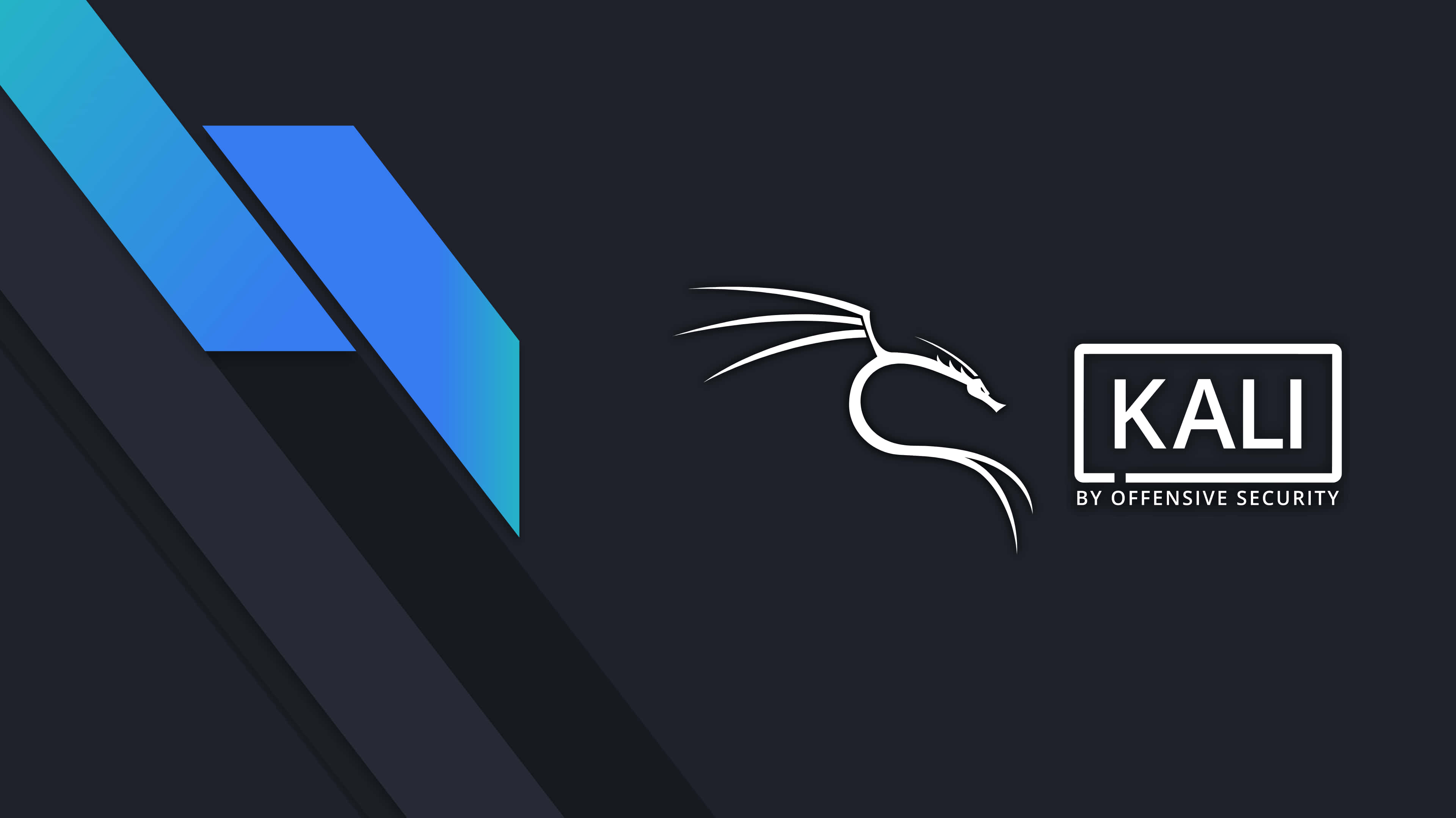 探索 Kali Linux 的強大功能 壁紙 — 一款時尚的數碼牆紙，以Kali Linux標誌為特色，帶有白色龍和藍色幾何形狀，背景為深色。