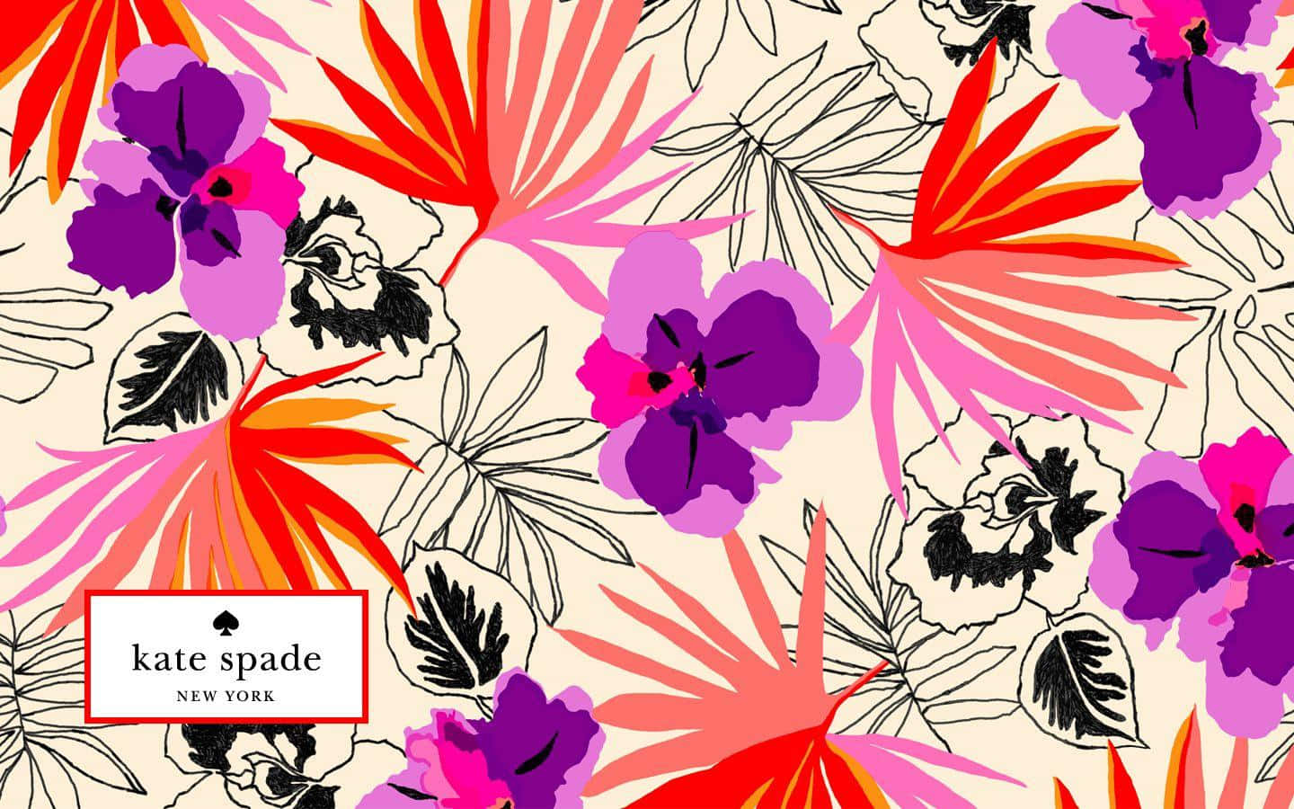 探索 Kate Spade 的時尚現代風格 壁紙 — 鮮豔的熱帶花卉以大膽的粉紅、紫色和橙色色調，與奶油色背景上的黑色線條藝術形成對比。