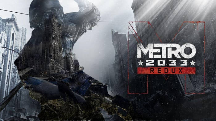 廢墟城市中的巨型裝甲人物與 Metro 2033 Redux 標誌。