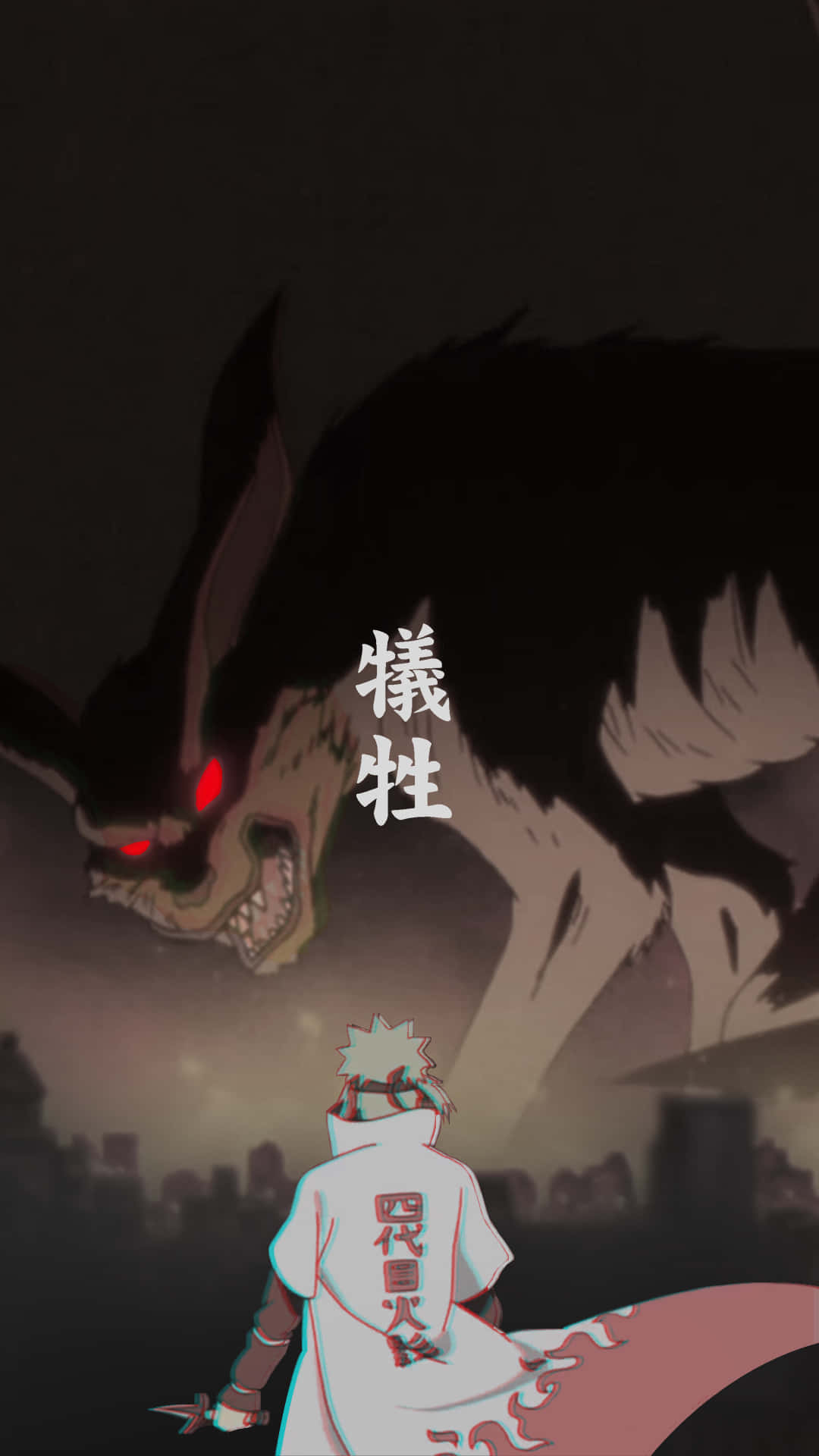 忍者在夜晚的廢墟城市中面對巨獸