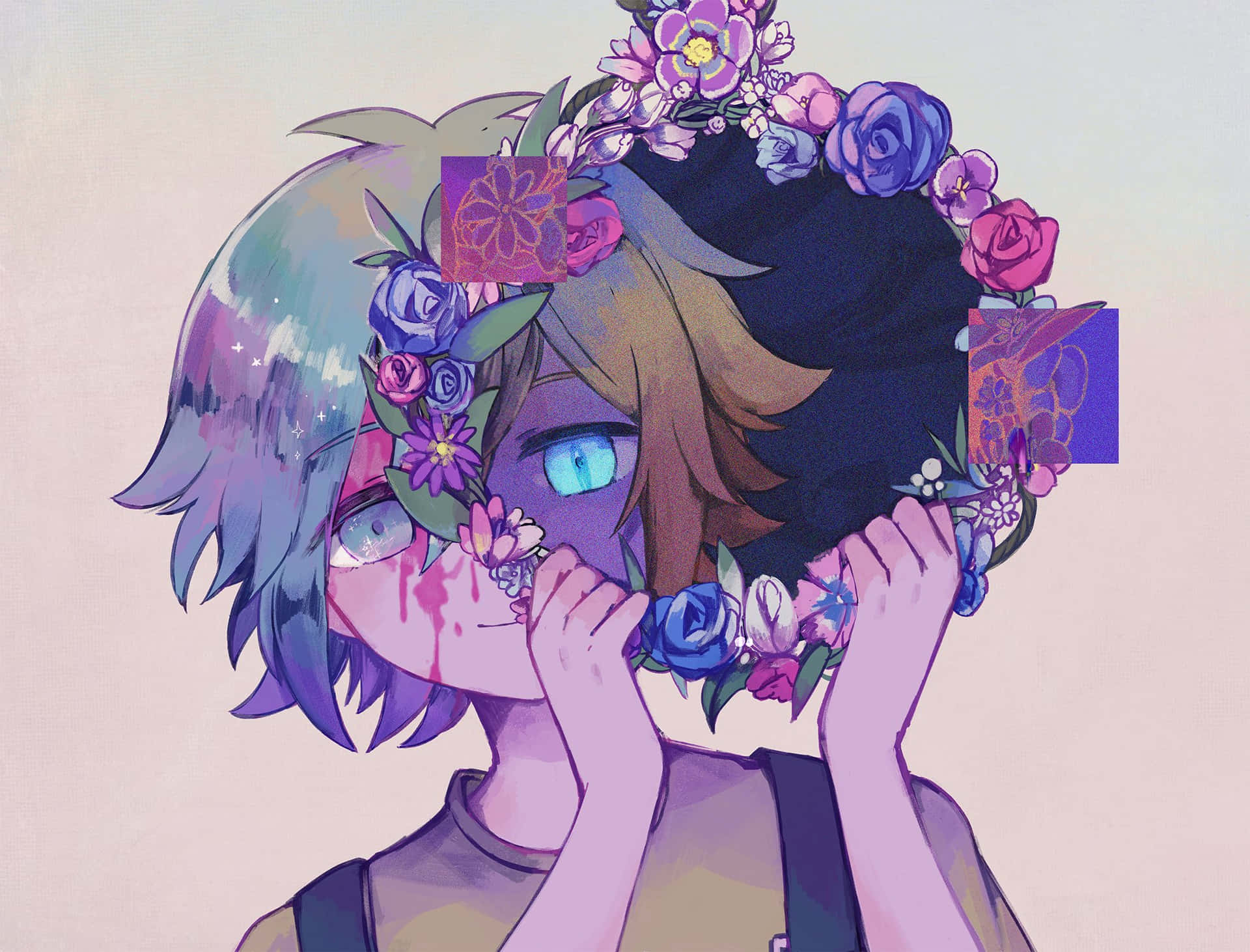 藍眼睛紫頭髮的動漫女孩戴著花冠，含淚捧著臉。