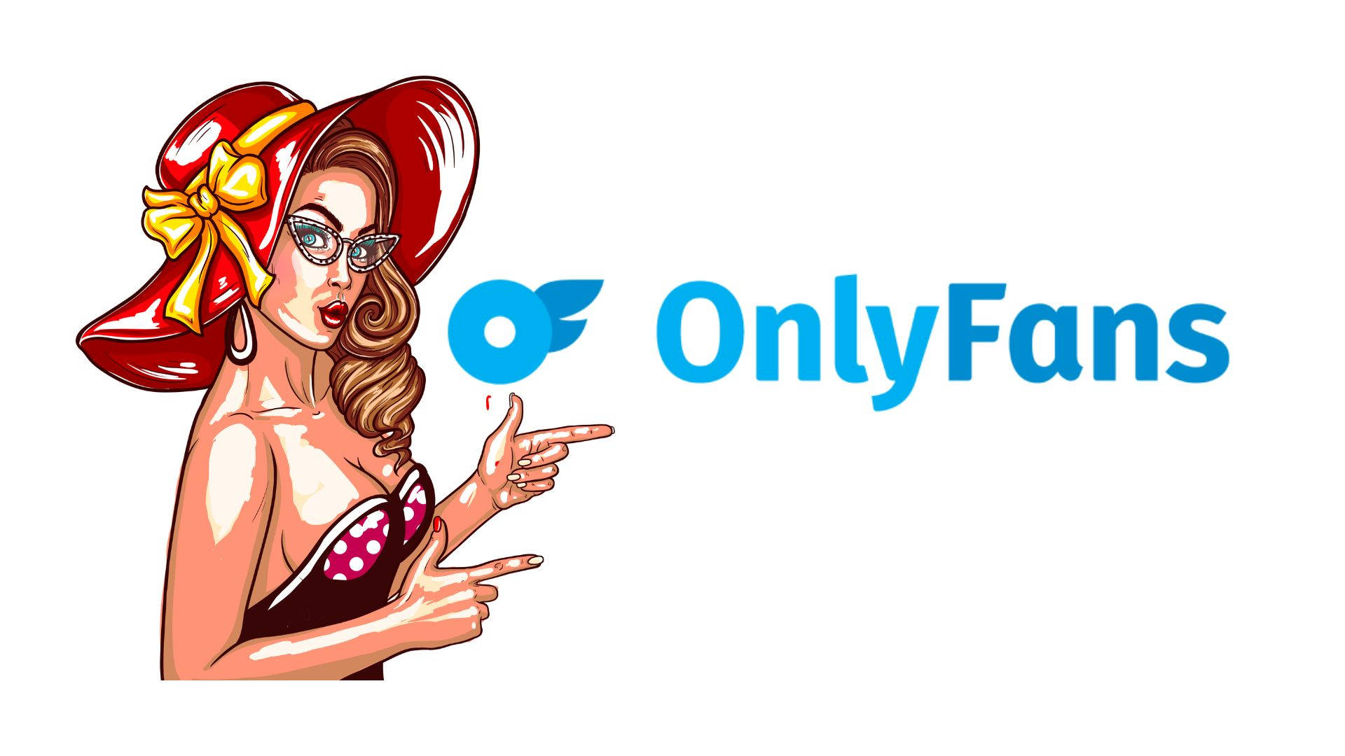 探索 OnlyFans 世界：特色標誌設計 壁紙 — 一位戴紅帽的復古海報女郎以俏皮表情指向OnlyFans標誌。