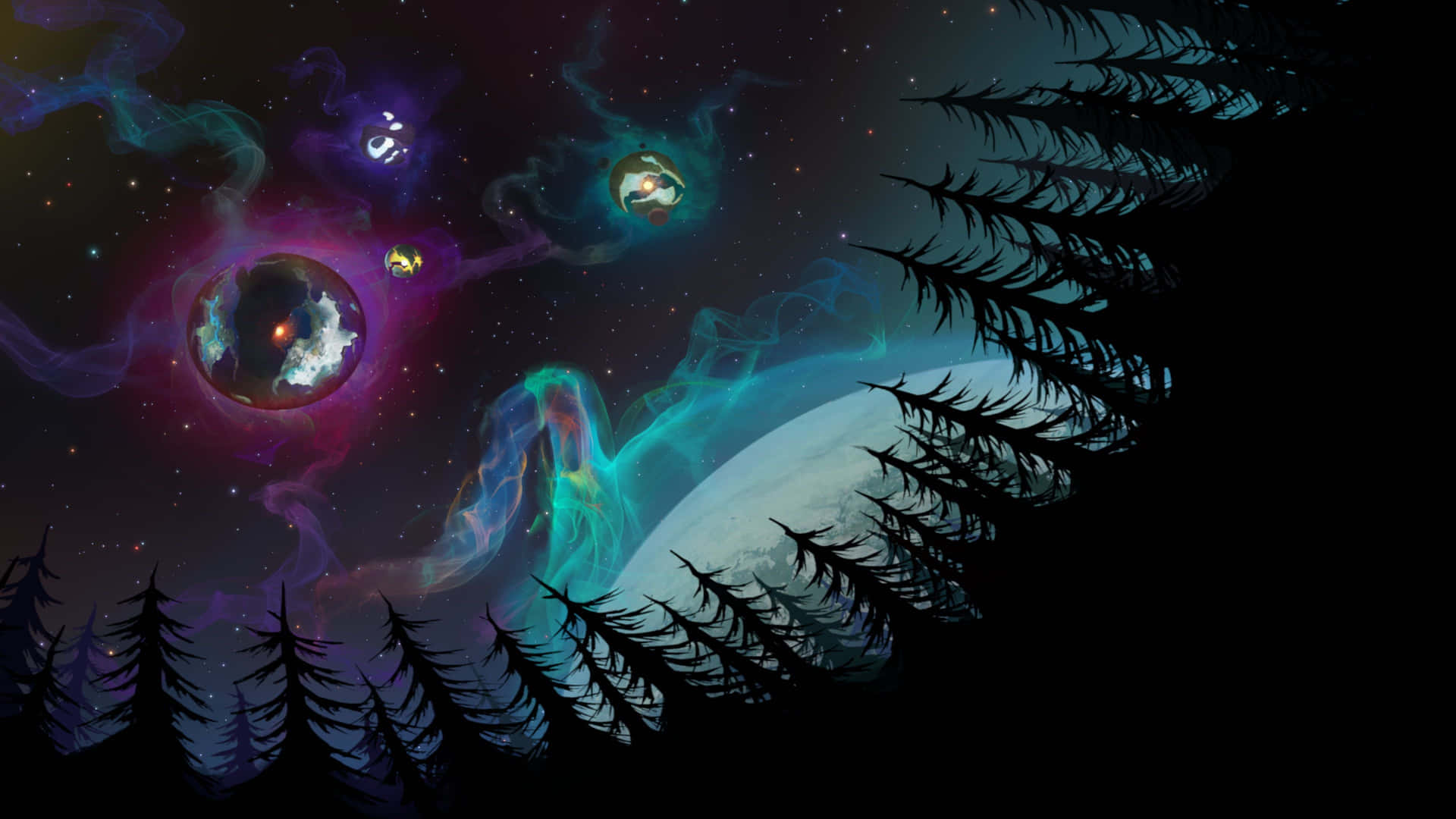 松樹剪影凝視著充滿活力的宇宙天空，其中有發光的星雲和行星。