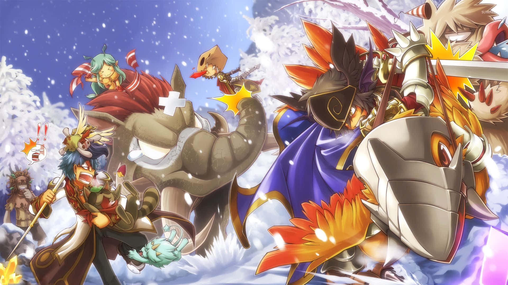 動漫角色在雪地戰鬥場景中與魔法效果戰鬥。