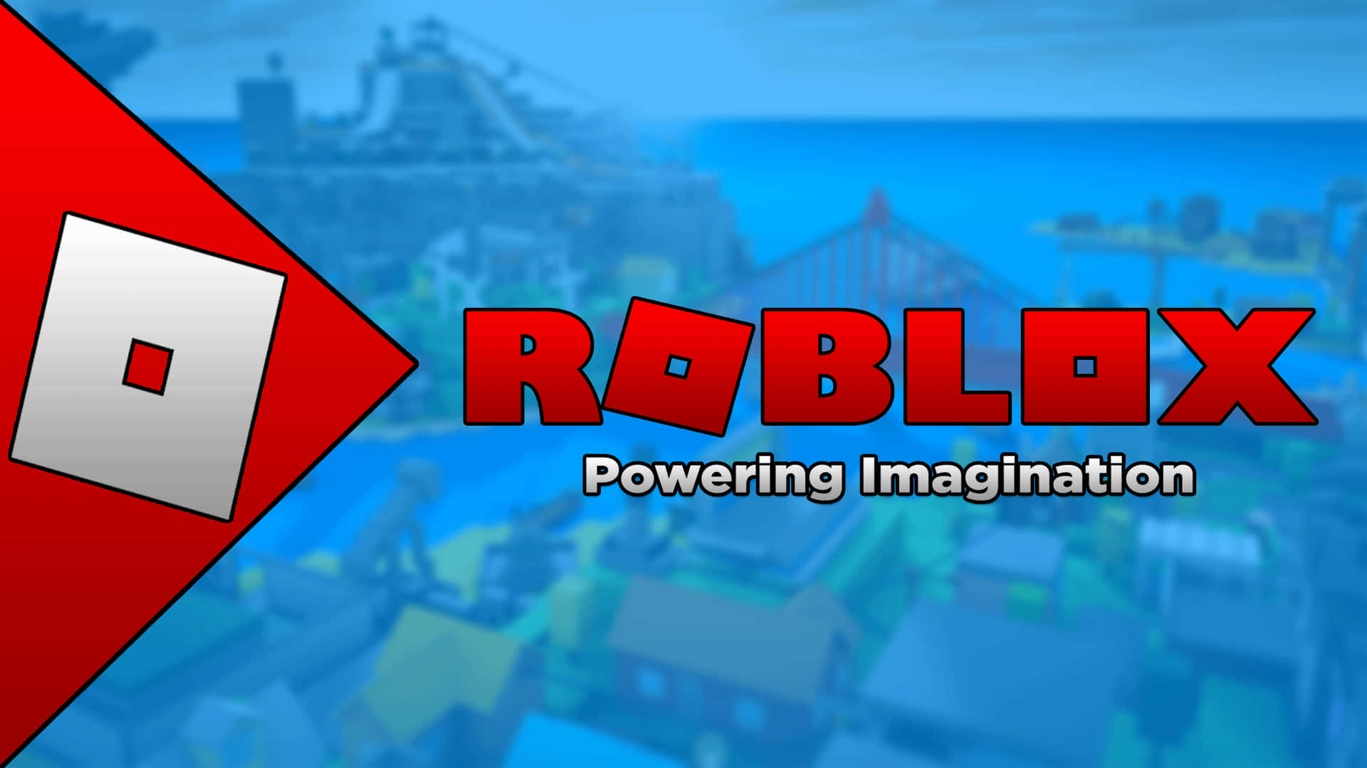 Roblox 標誌，附有標語 powering imagination，置於模糊的遊戲世界之上。