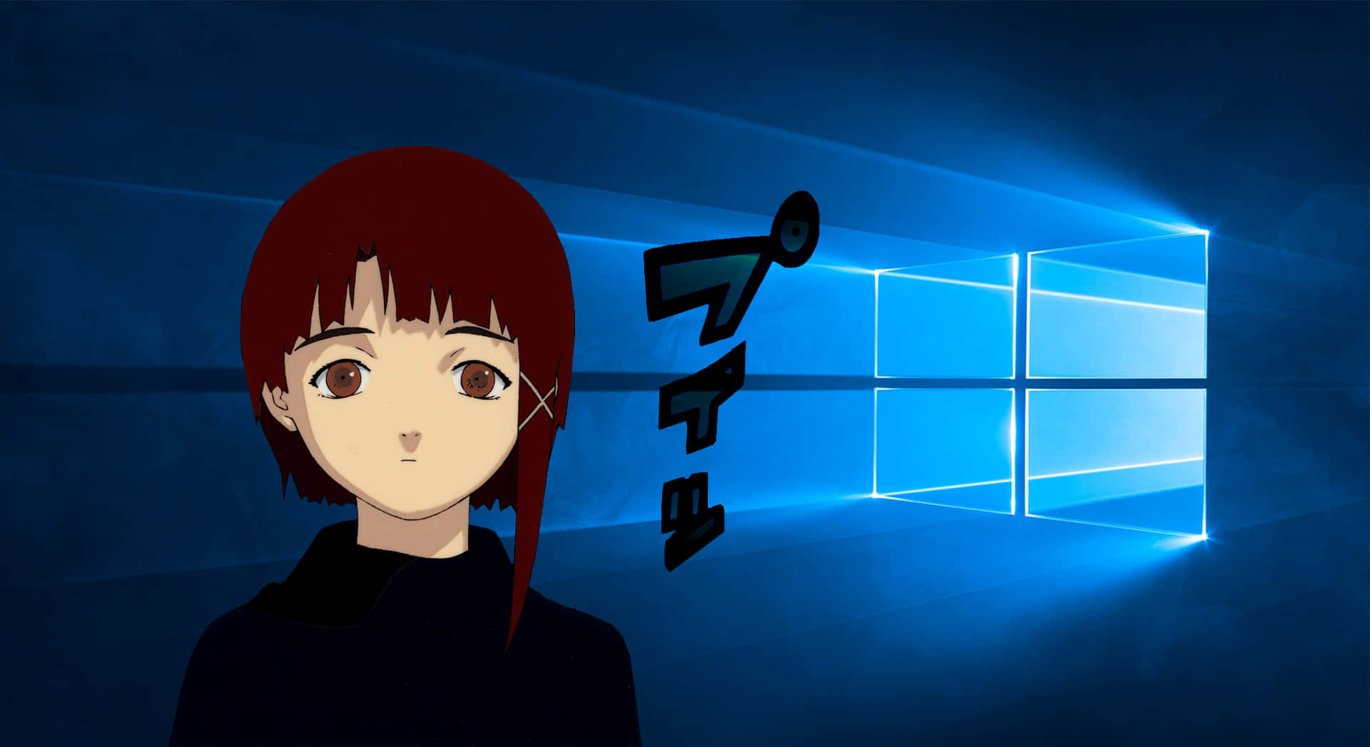紅髮動漫女孩站在發光的Windows標誌前。