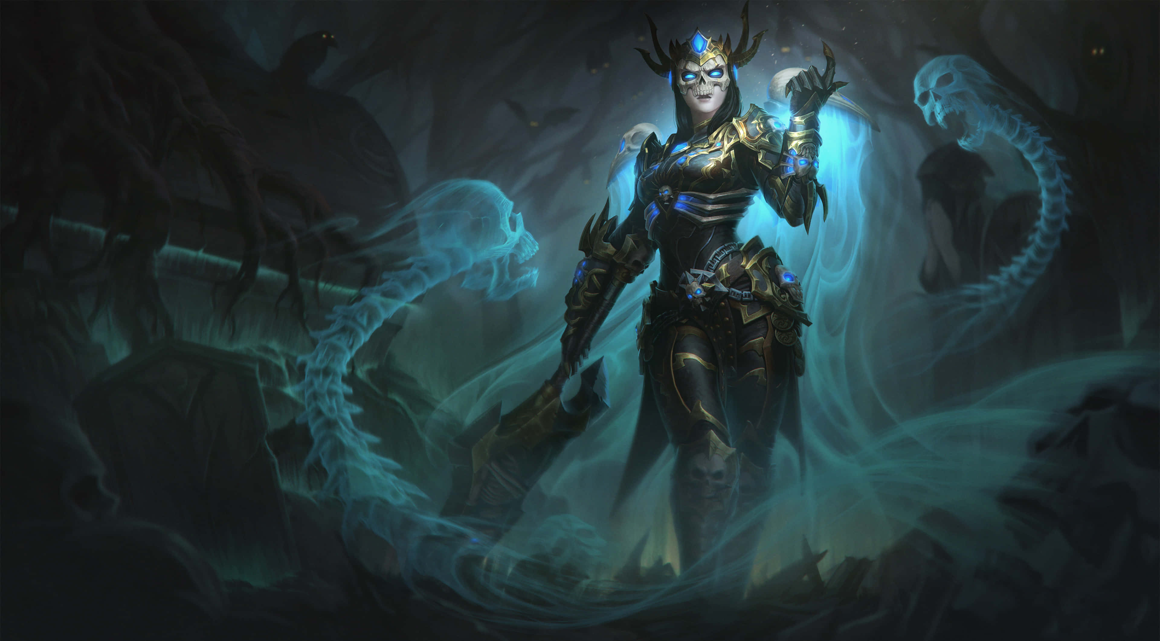 探索 SMITE 神祇，加入數百萬玩家的精彩冒險 壁紙 — 一位身穿華麗盔甲的黑暗奇幻戰士，在旋轉的幽靈能量和陰影骷髏中揮舞著發光的藍色魔法。