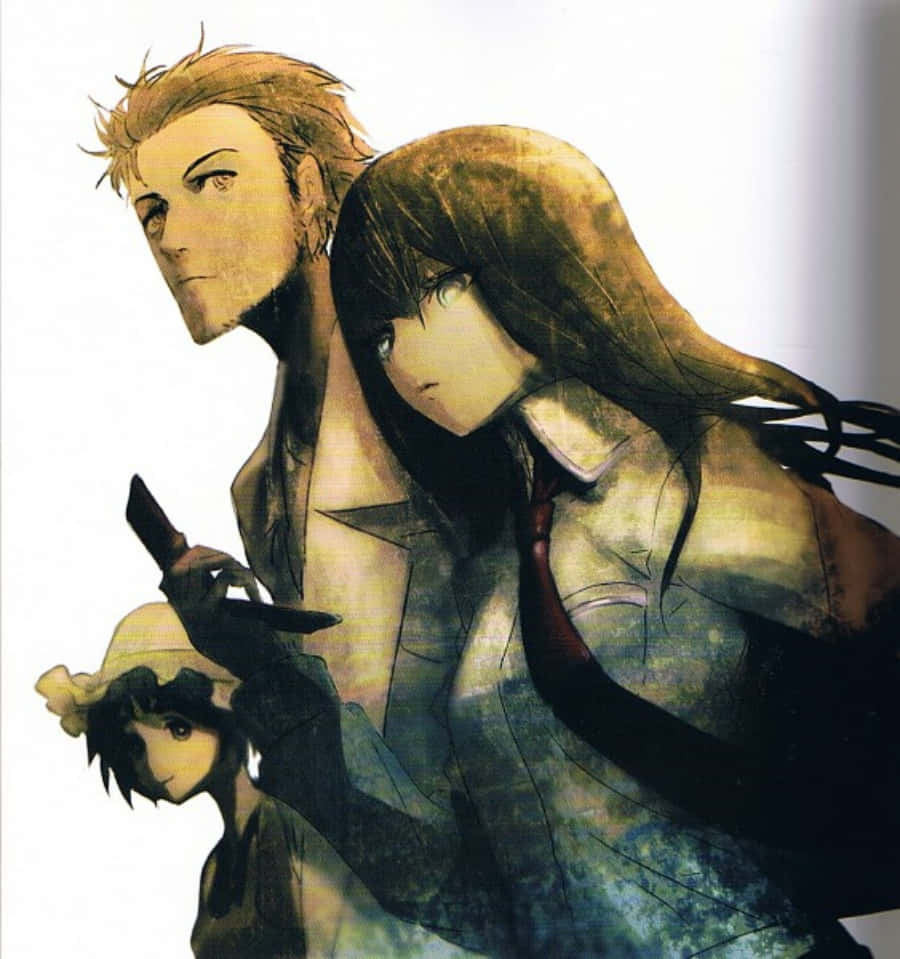 探索《Steins;Gate》的量子世界 壁紙 — 三個動漫角色以戲劇性的姿勢，配上溫暖燈光和紋理筆觸。