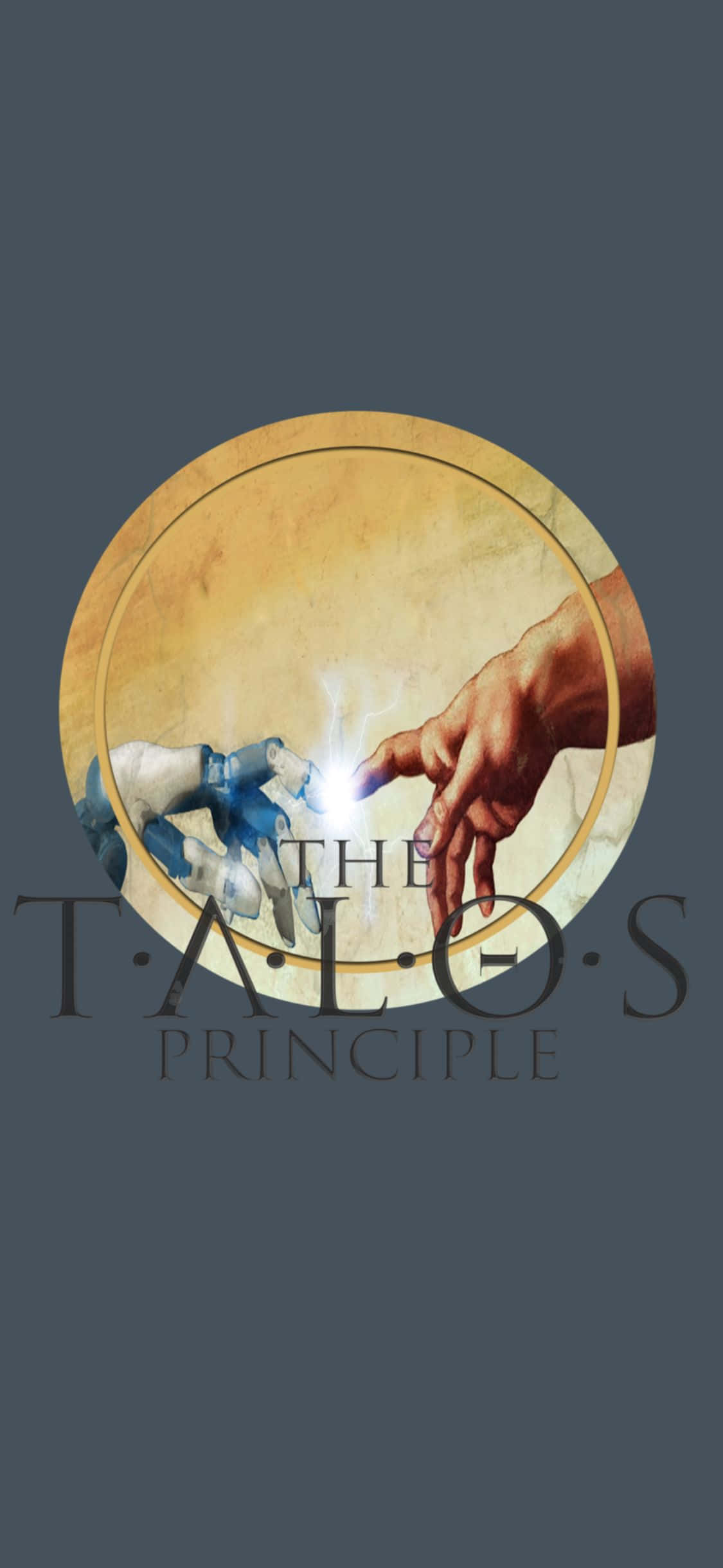 探索《The Talos Principle》中的古代遺跡 壁紙 — 一個圓形藝術品描繪了一隻人類的手和一隻機械手互相伸向對方，它們之間有發光的光線，背景是柔和的灰色。