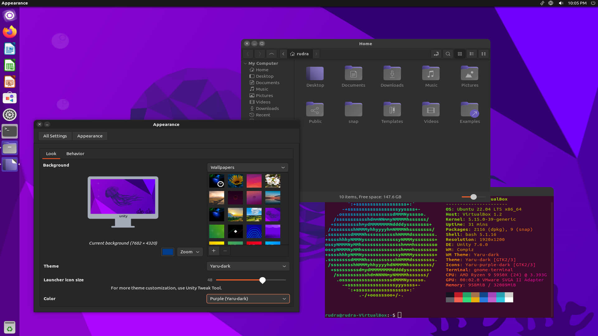 Linux 桌面，帶有紫色背景和打開的系統設定及終端機視窗。