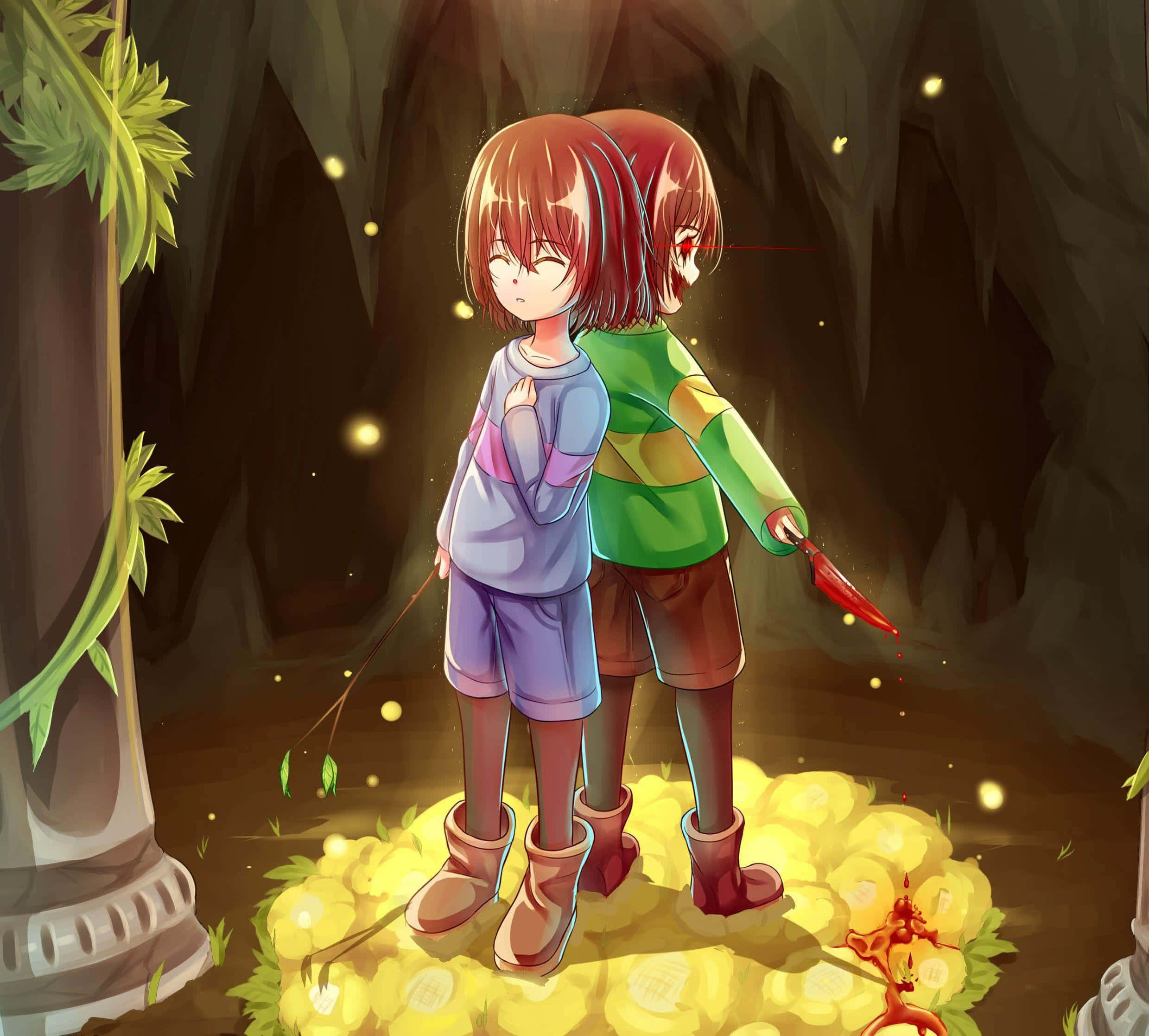 探索《Undertale》的地下世界 壁紙 — 兩個動漫小孩站在一個黑暗的洞穴中，被發光的黃色花朵和漂浮的光照亮，一個拿著紅色刀刃，另一個悲傷地低頭看著。